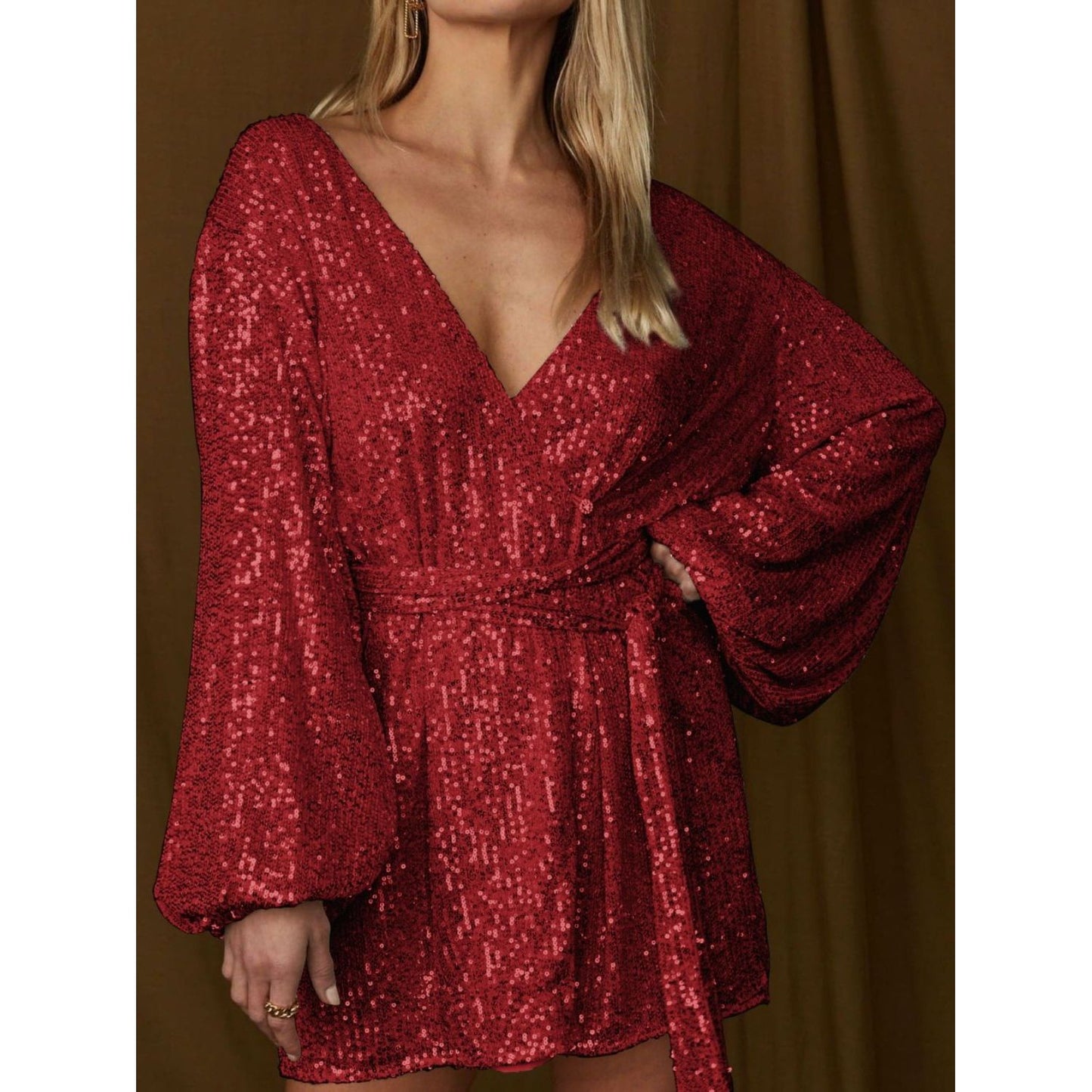 Sequin Surplice Tie Waist Mini Dress