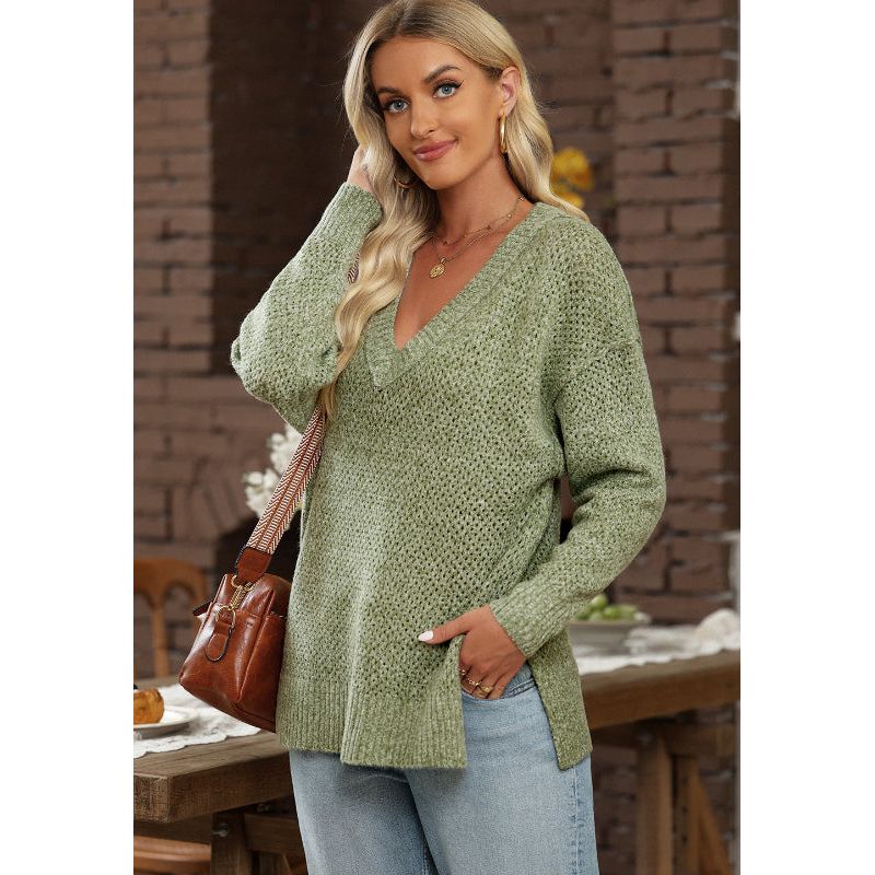 V-Neck Dropped Shoulder Long Sleeve Sweater