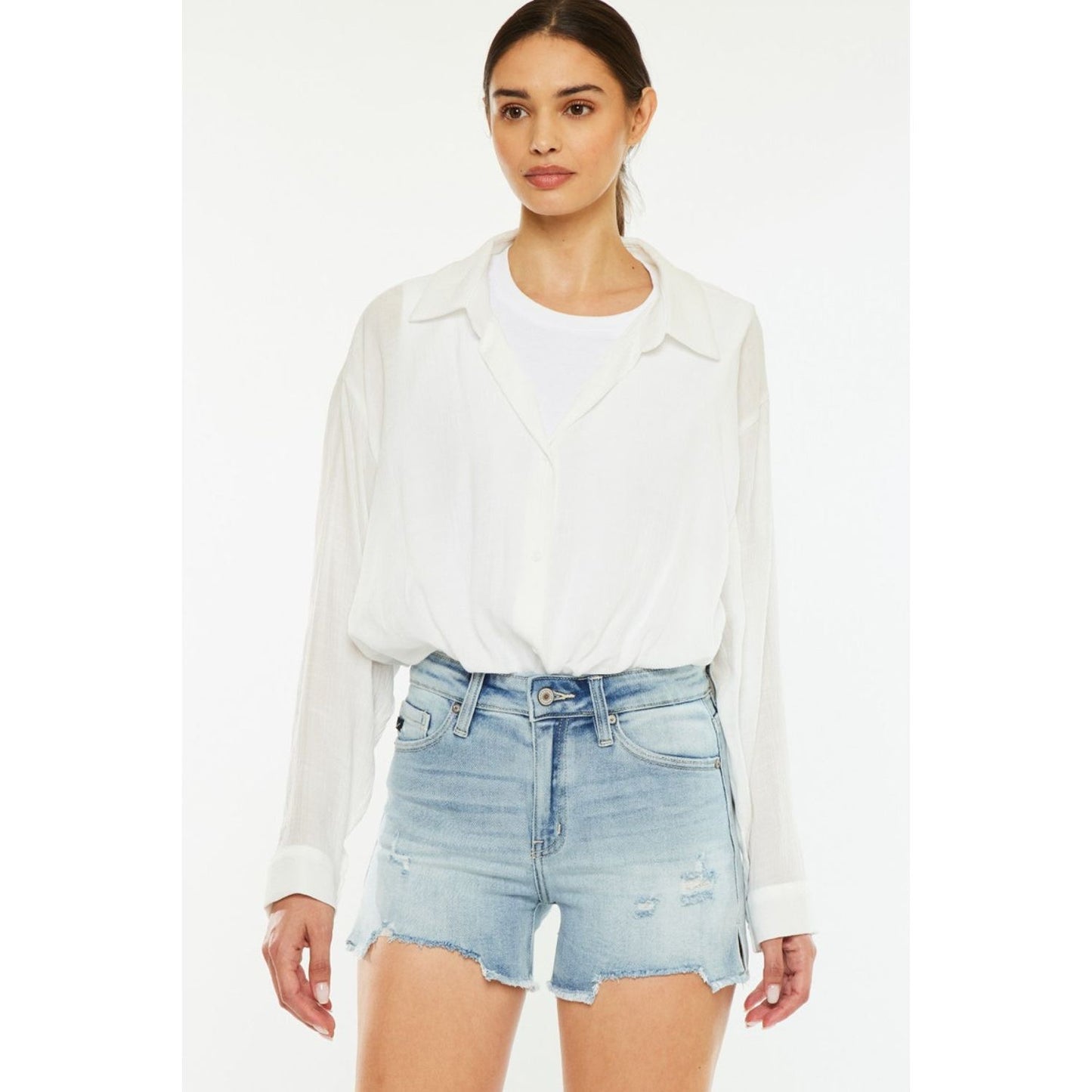 Kancan High Rise Side Slit Denim Shorts