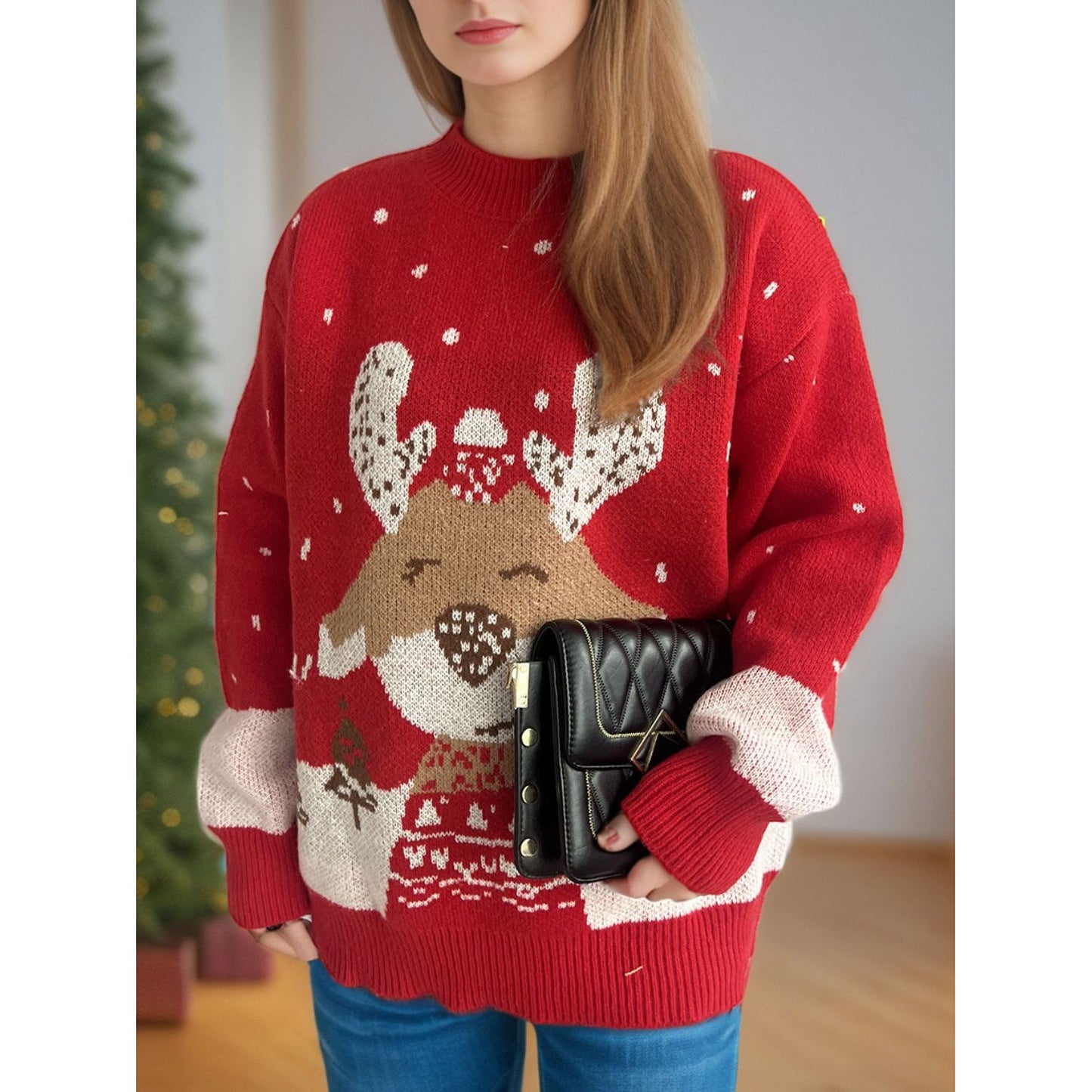 Reindeer Mock Neck Long Sleeve Sweater