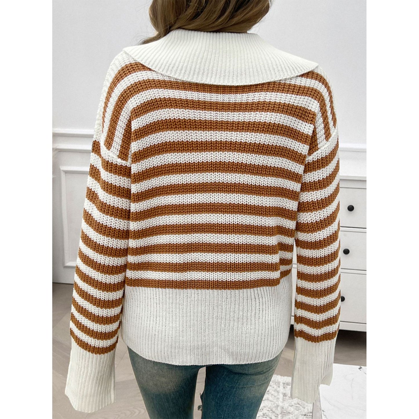 Devine Striped Collared Neck Long Sleeve Sweater