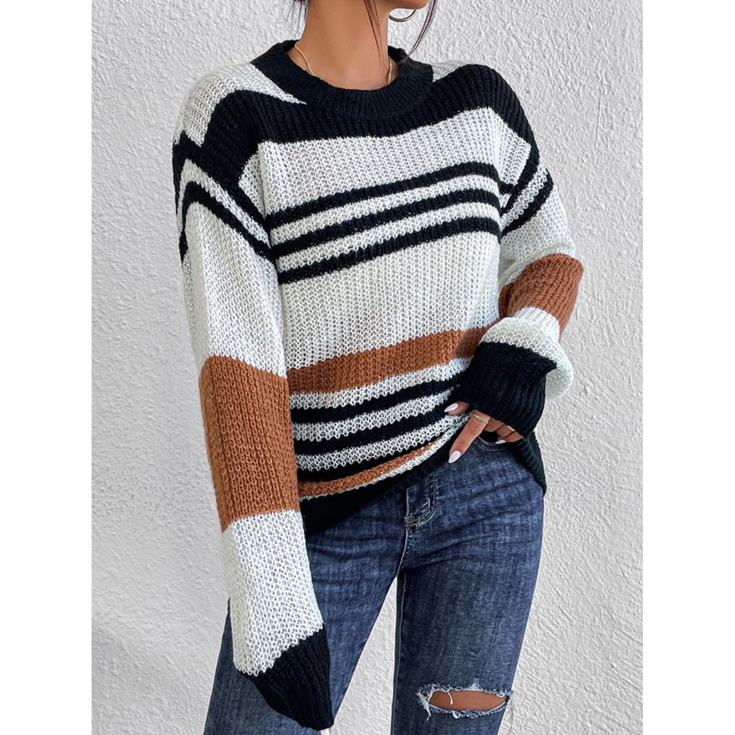 Contrast Striped Round Neck Long Sleeve Sweater