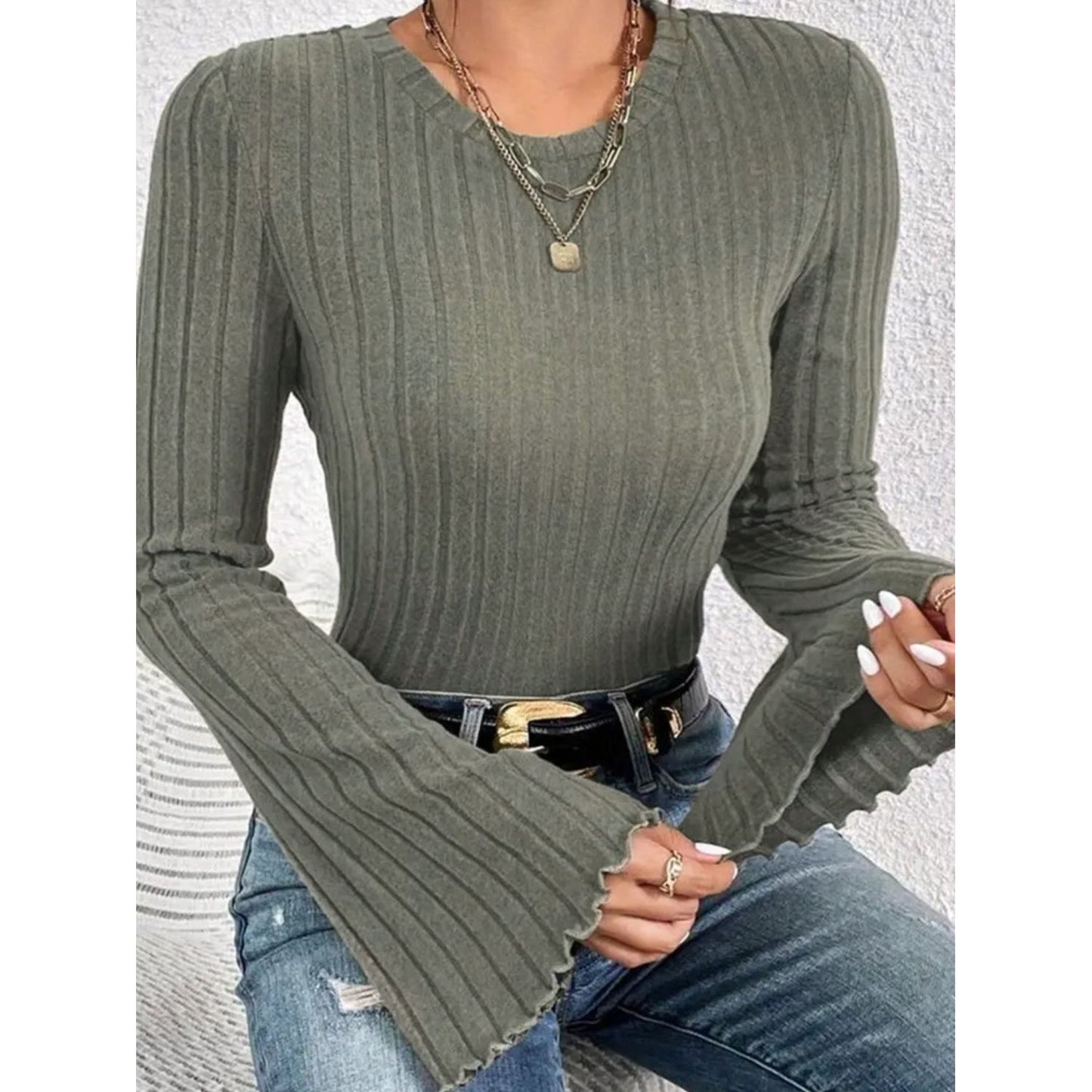 Ribbed Round Neck Flare Sleeve T-Shirt