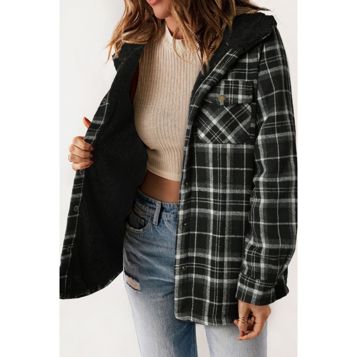 Plaid Button Up Long Sleeve Hooded Jacket