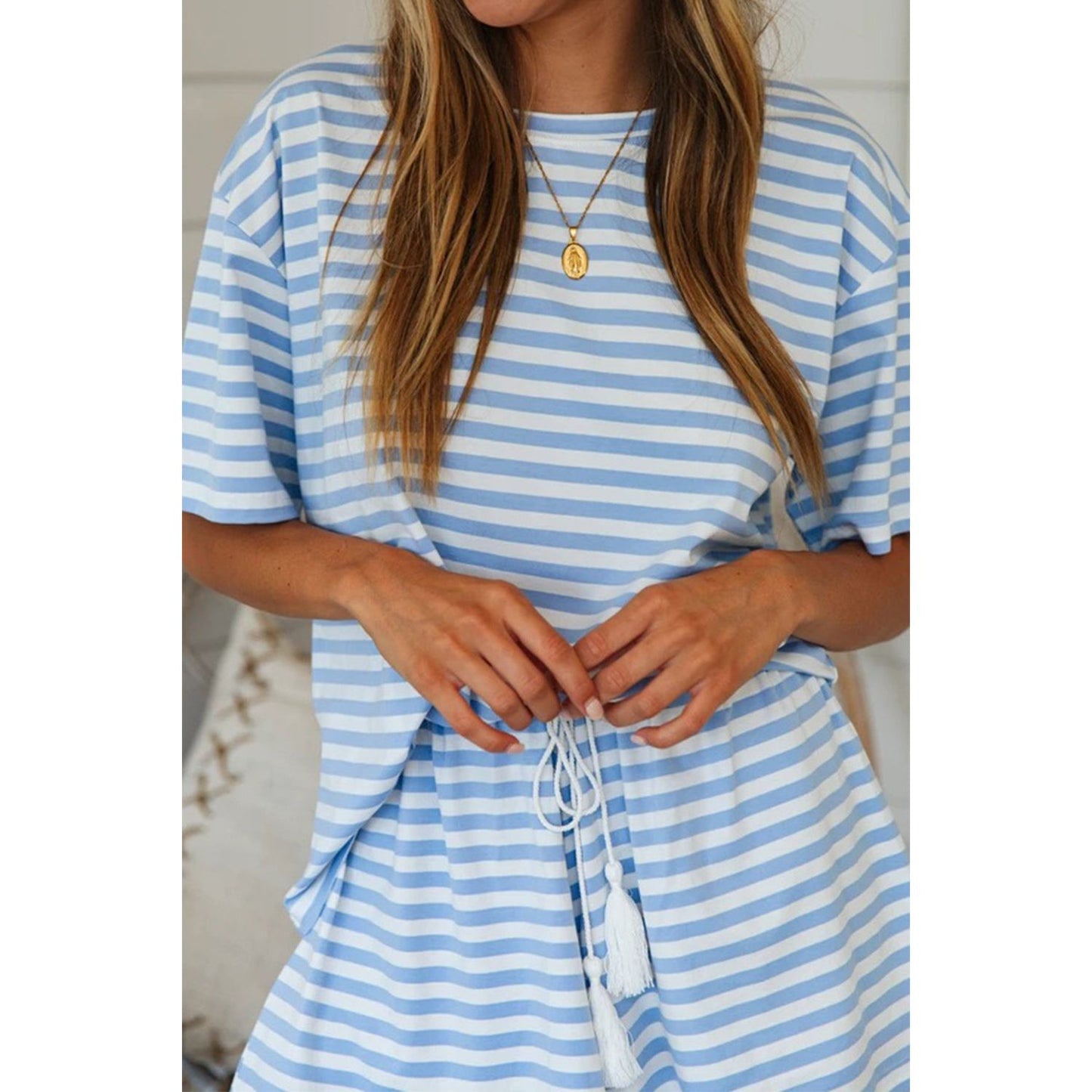 Striped Round Neck Top and Shorts Set