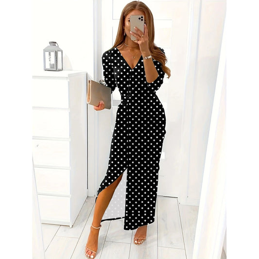 Slit Polka Dot V-Neck Dress