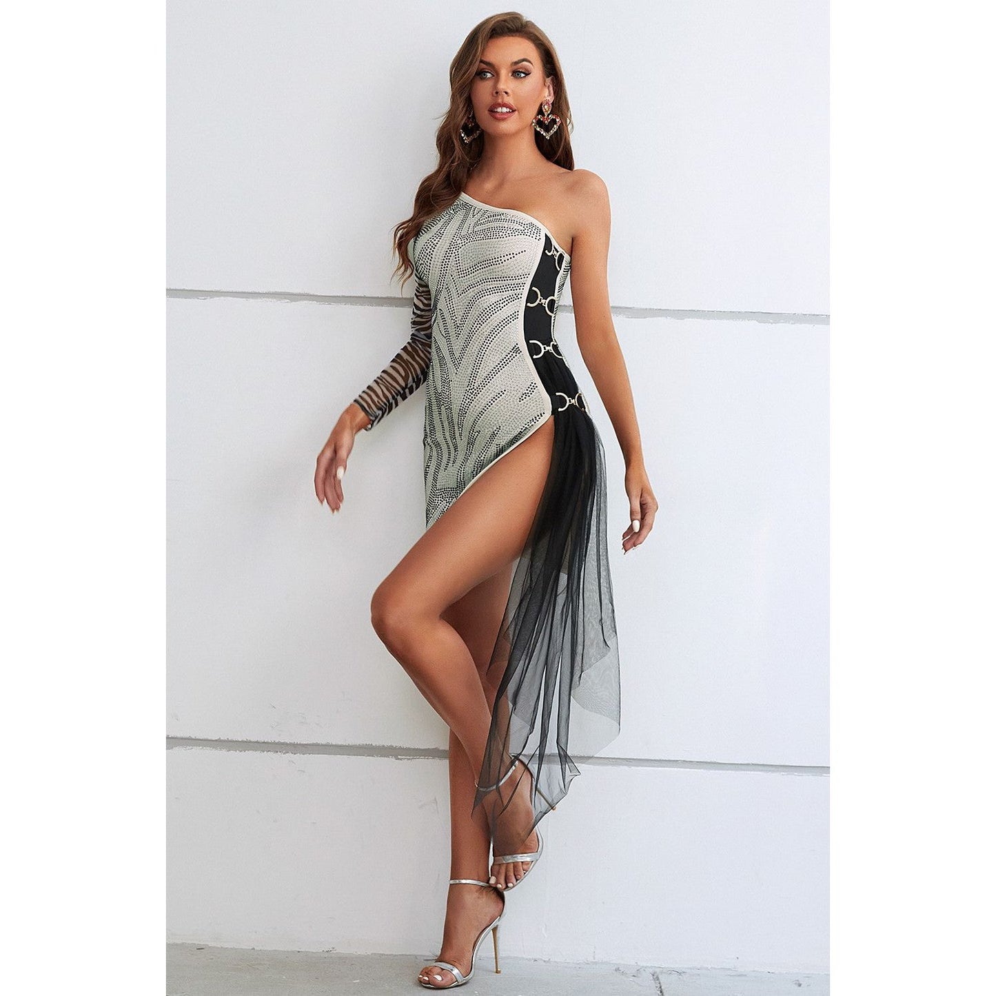 Zebra Print Rhinestone Slit Single Shoulder Dress