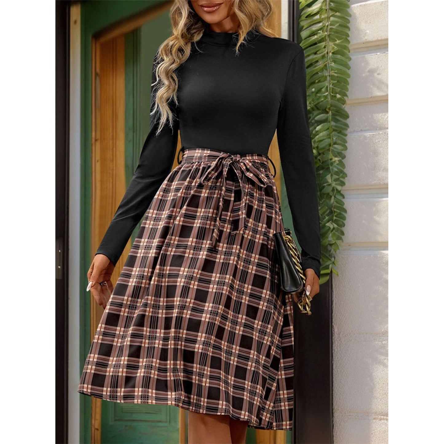 Perfee Plaid Mock Neck Long Sleeve Dress