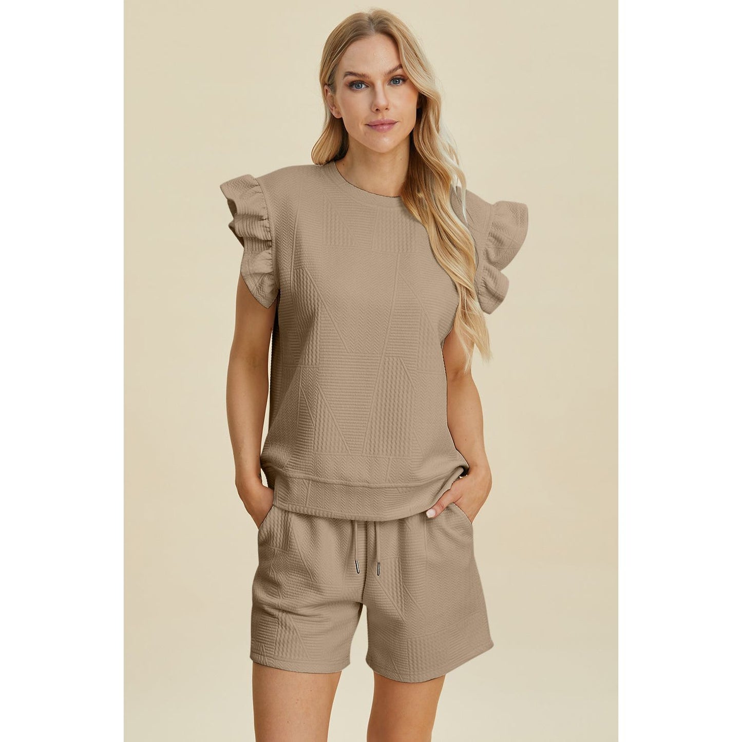 Double Take Full Size Texture Round Neck Ruffle Sleeve Top and Shorts Set