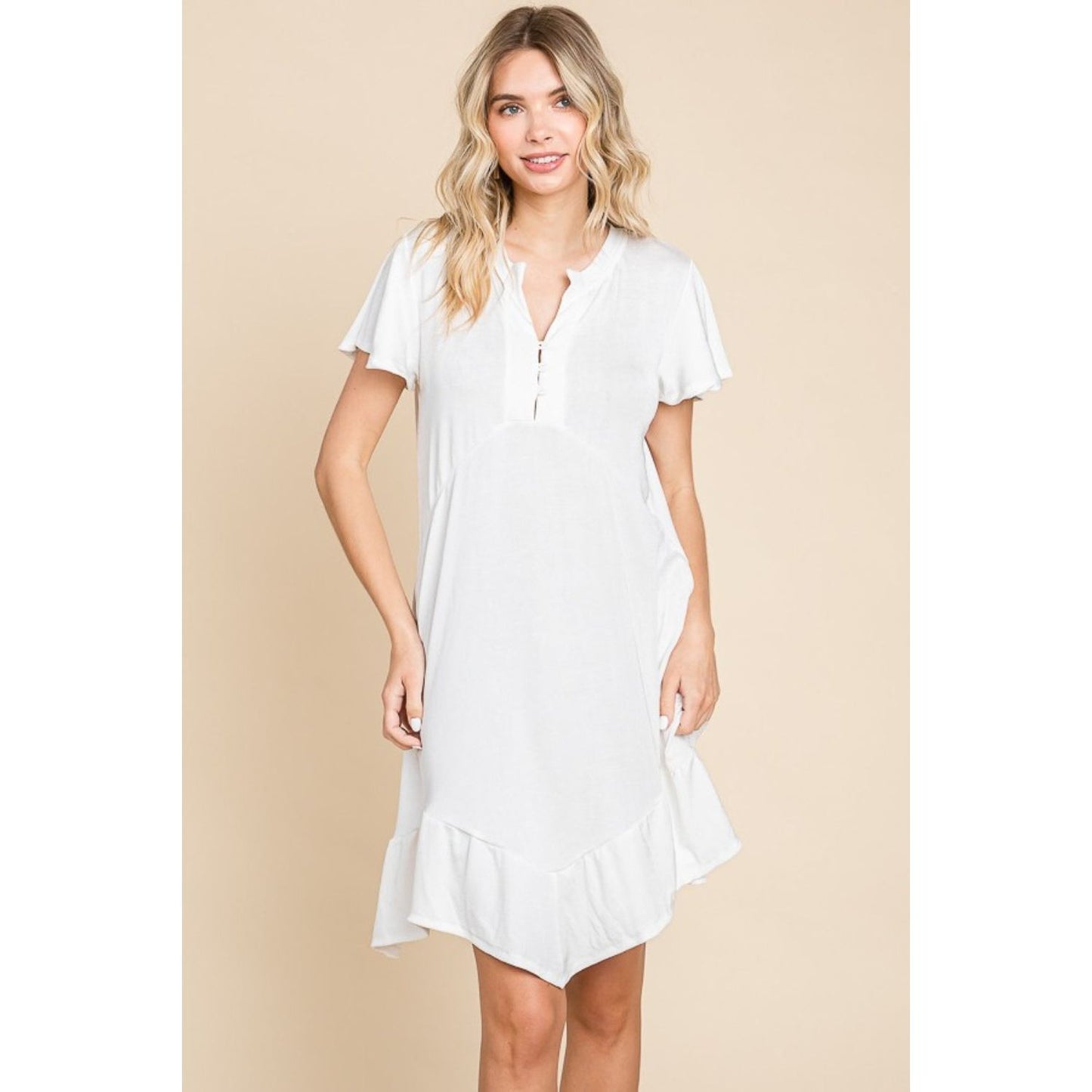 Culture Code Full Size Short Sleeve Ruffled Asymmetric Hem Dress