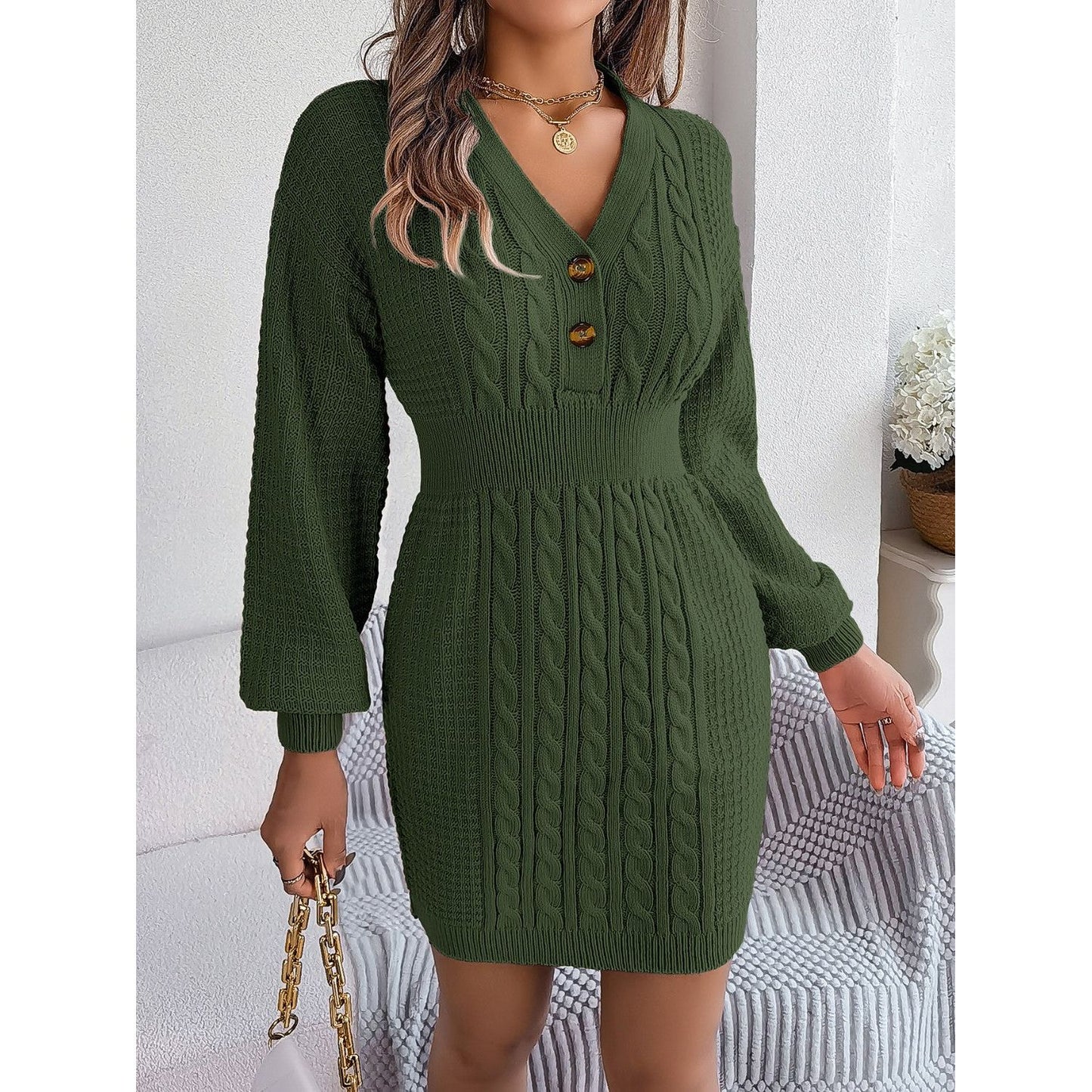 Buttoned Cable-Knit V-Neck Sweater Dress