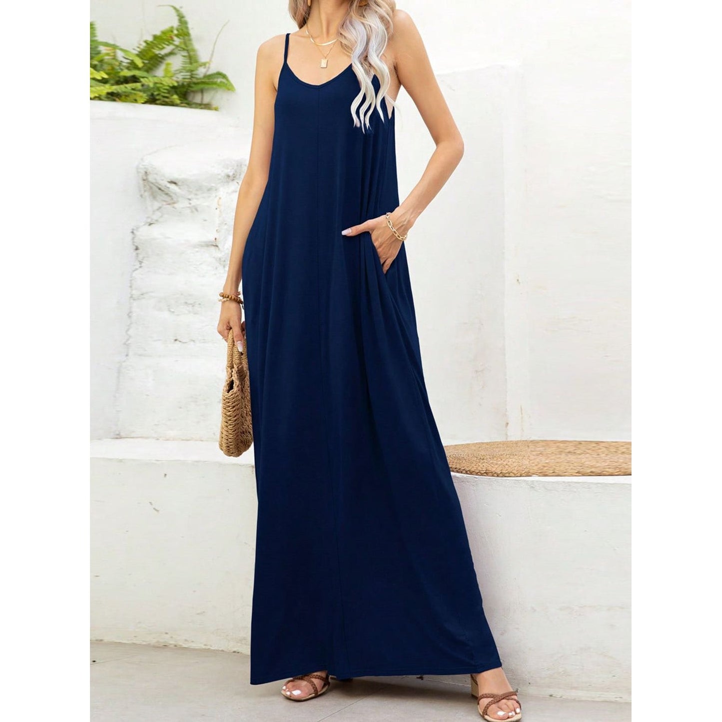 V-Neck Maxi Cami Dress with Pockets