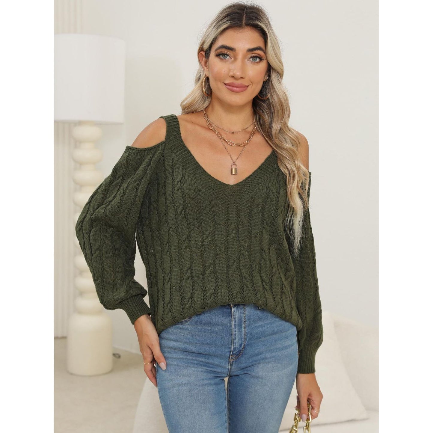 Cable-Knit V-Neck Long Sleeve Sweater