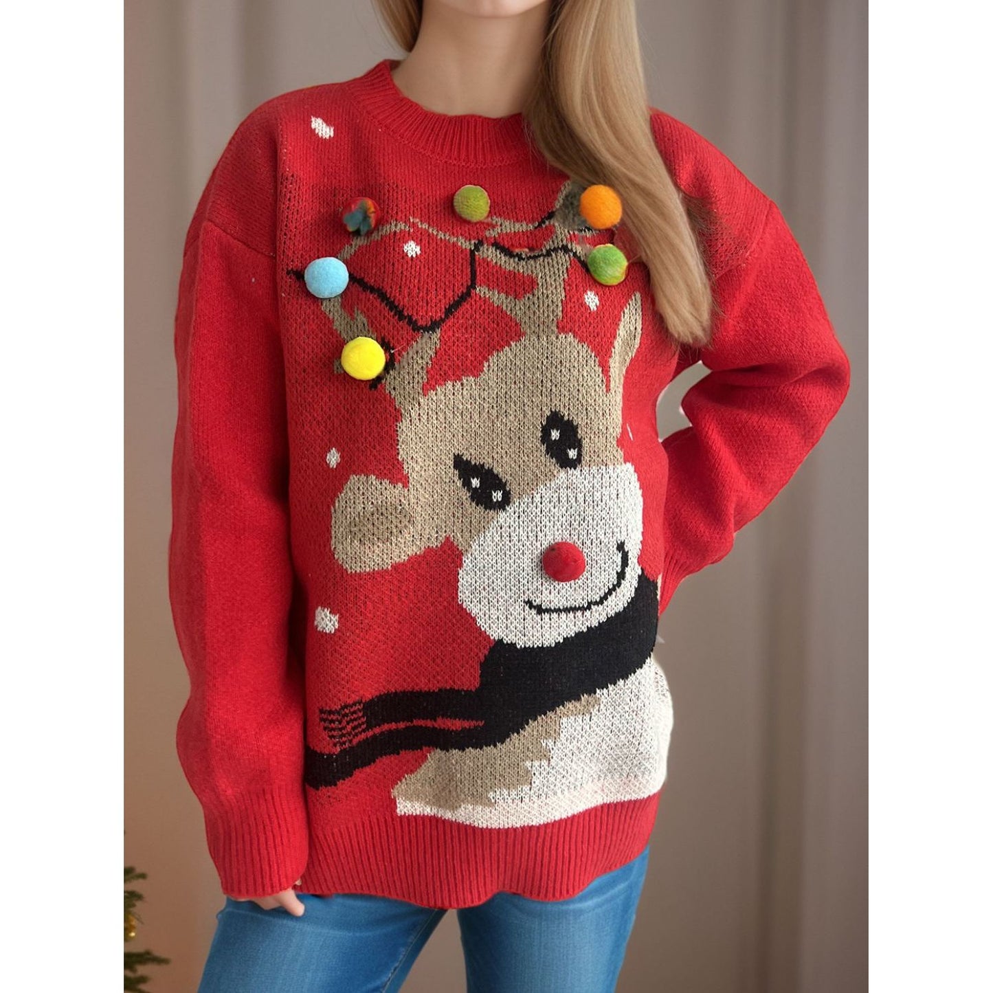 Reindeer Round Neck Long Sleeve Sweater