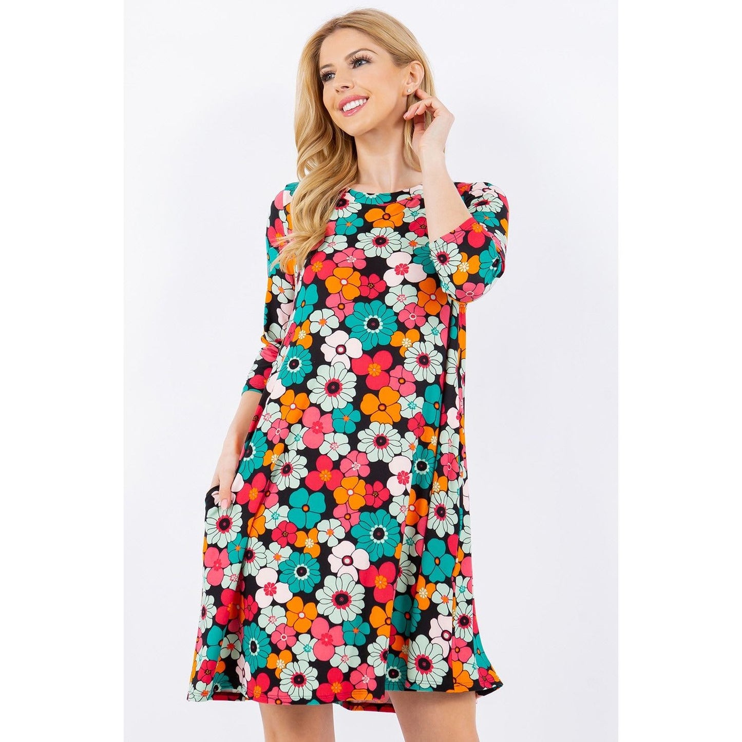 Celeste Full Size Floral Three-Quarter Sleeve Dress with Pockets