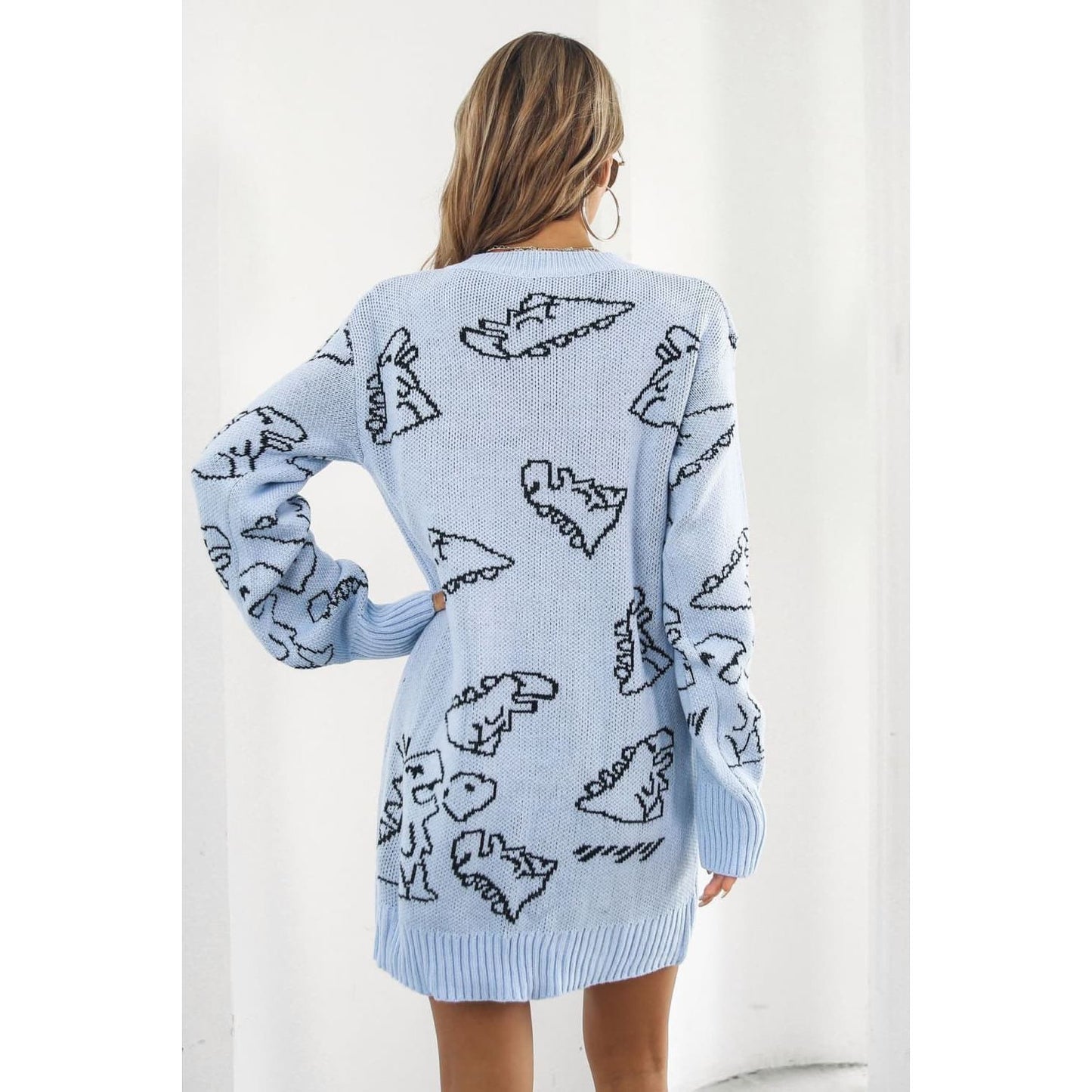 Dinosaur Pattern V-Neck Sweater Dress