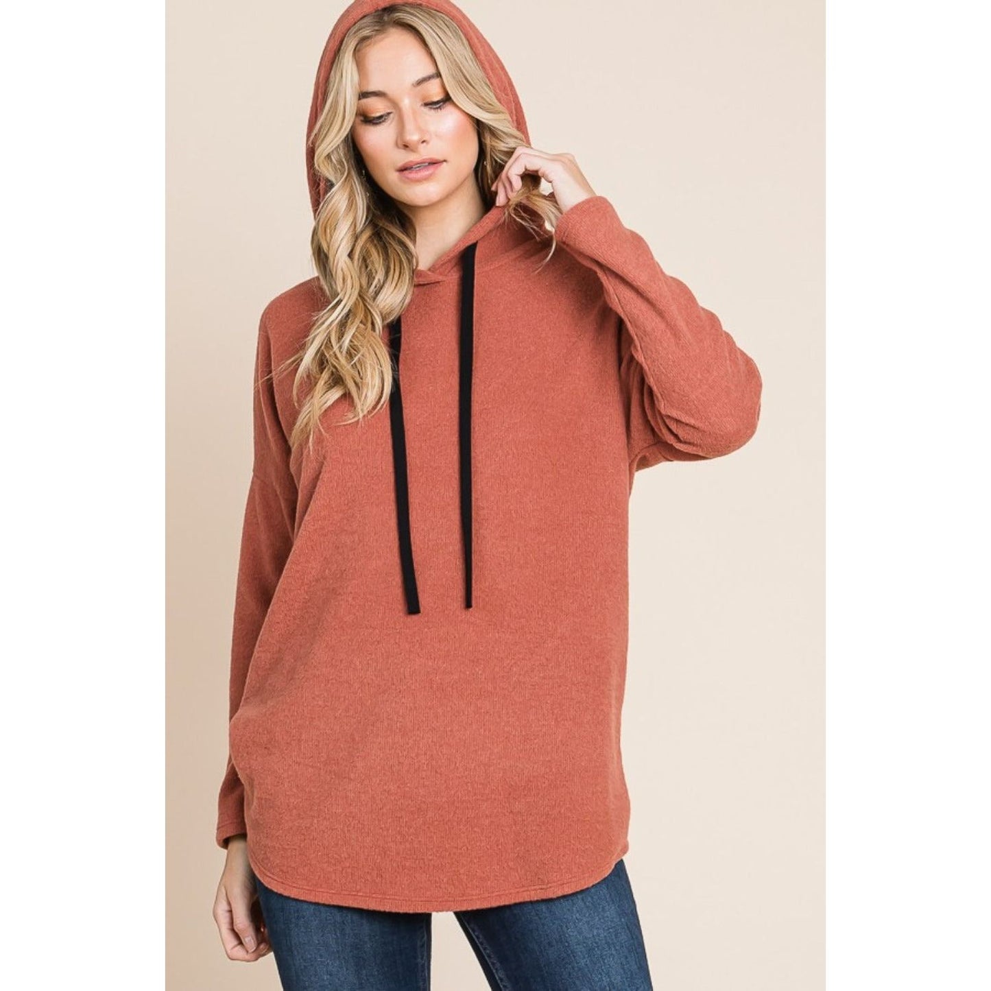 BOMBOM Contrast Drawstring Drop Shoulder Knit Hoodie