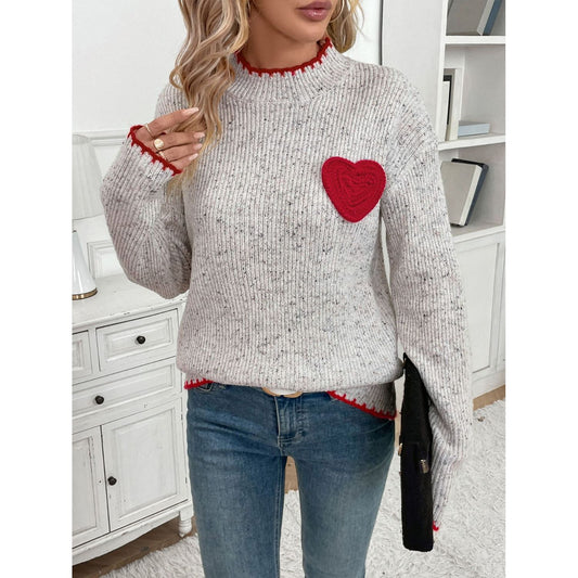 Perfee Contrast Heart Round Neck Long Sleeve Sweater