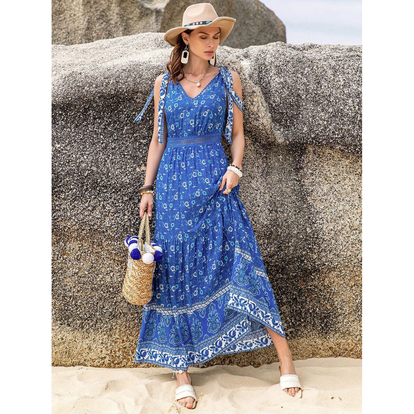 Printed V-Neck Tie Shoulder Dress