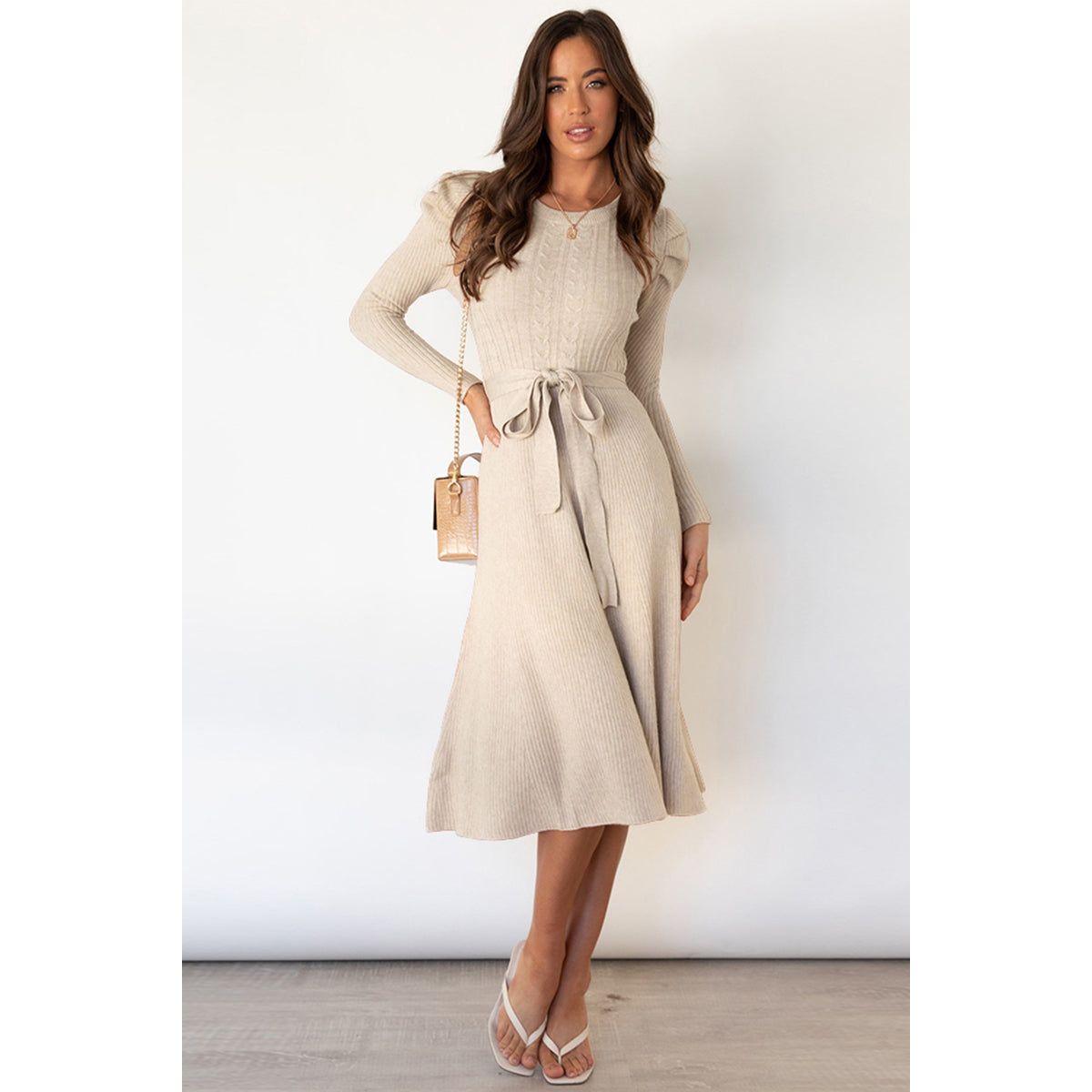 Round Neck Long Sleeve Tie Waist Sweater Dress