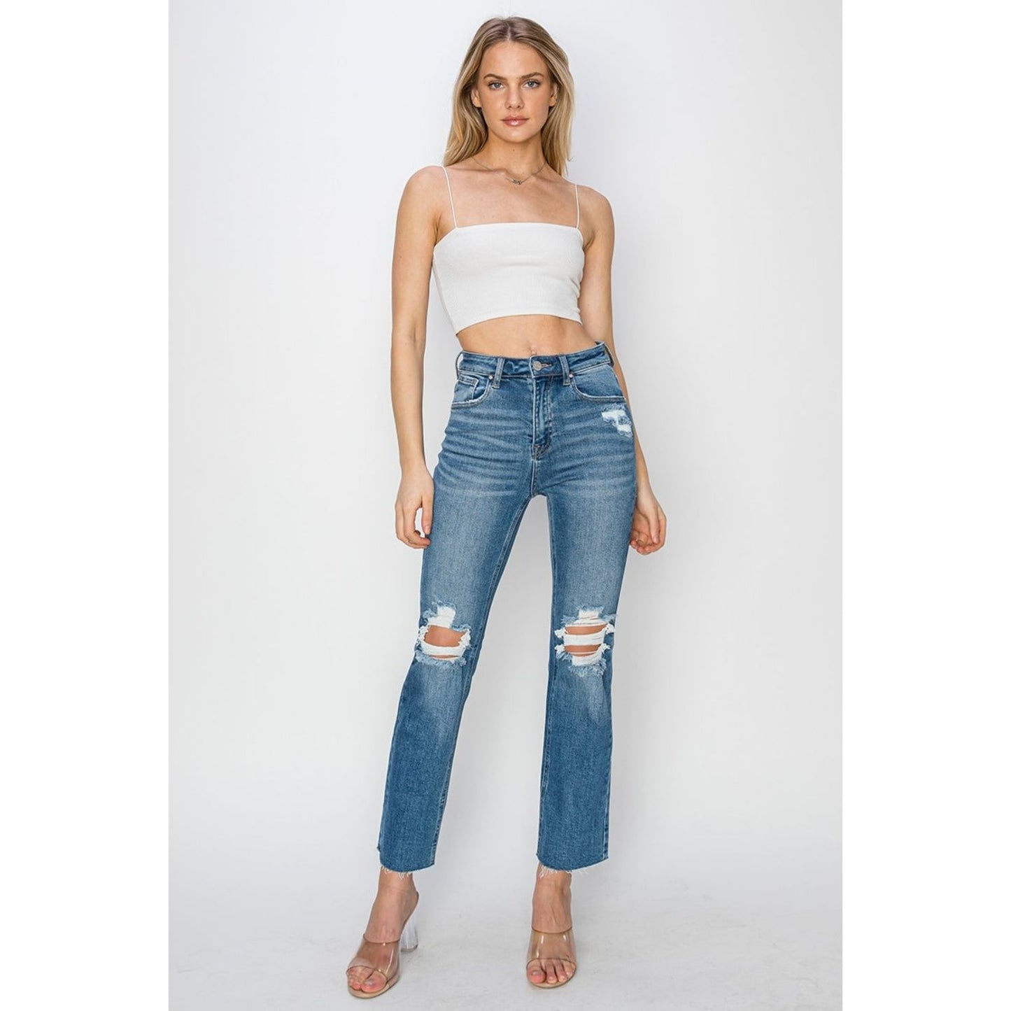 RISEN High Rise Distressed Ankle Jeans