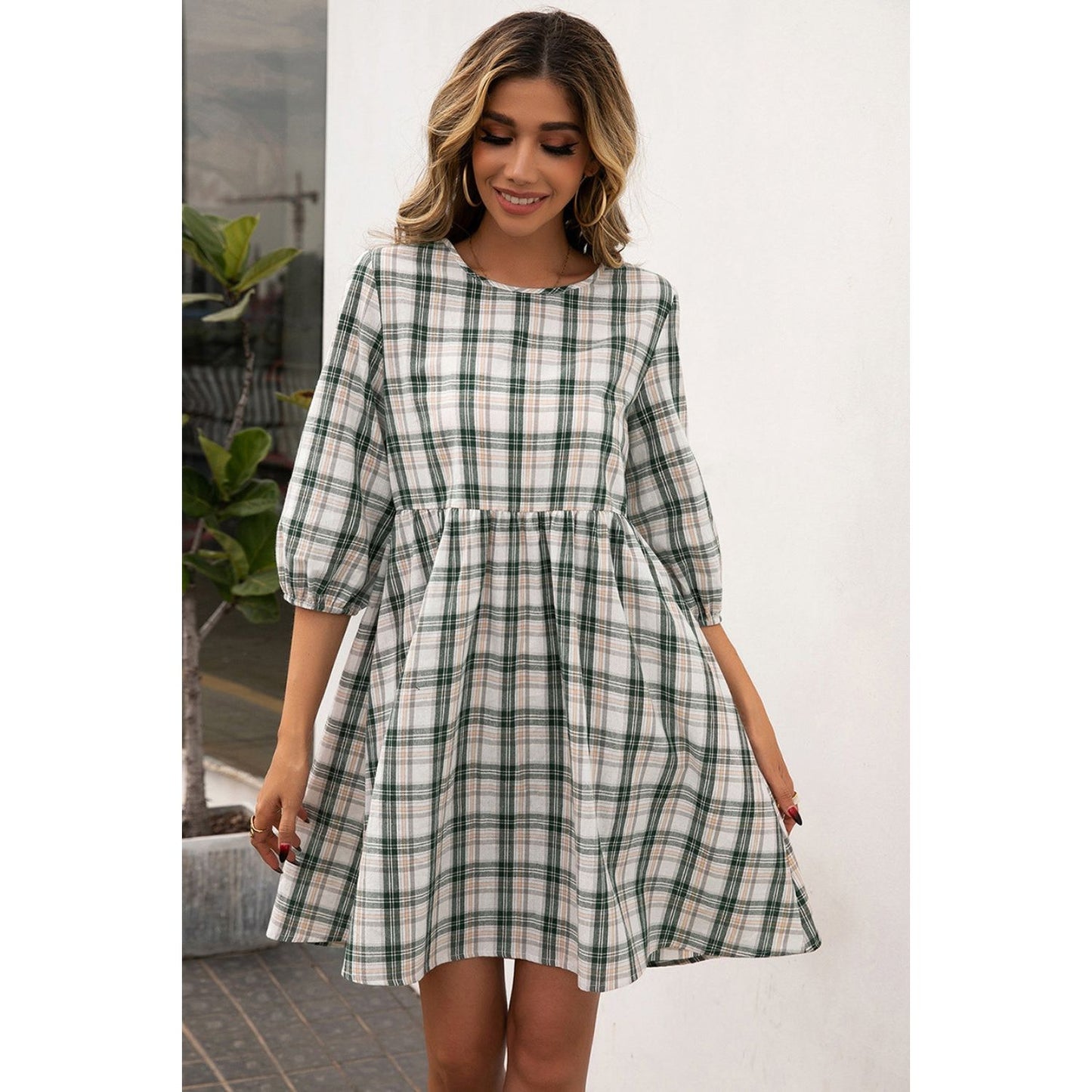 Ivy Lane Plaid Round Neck Mini Dress