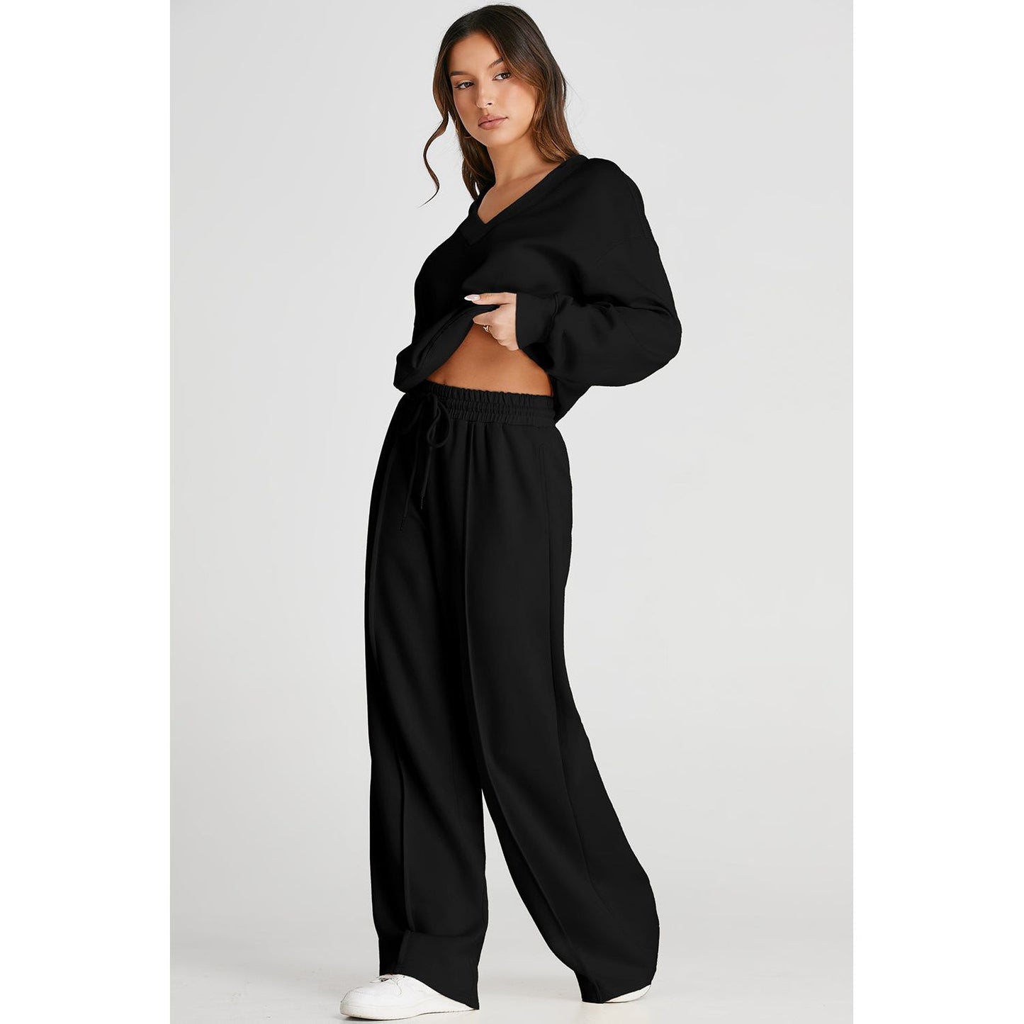 V-Neck Long Sleeve Top and Pants Active Set