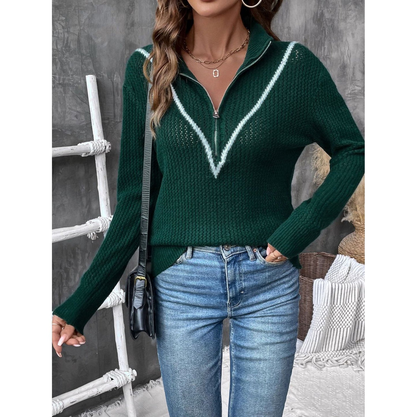 Perfee Contrast Half Zip Long Sleeve Sweater