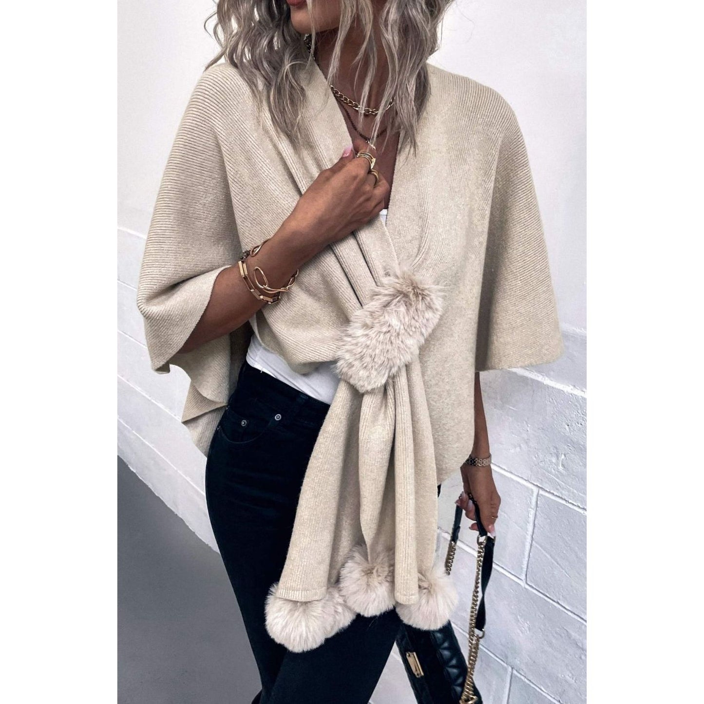 Surplice Neck Pom-Pom Trim Poncho