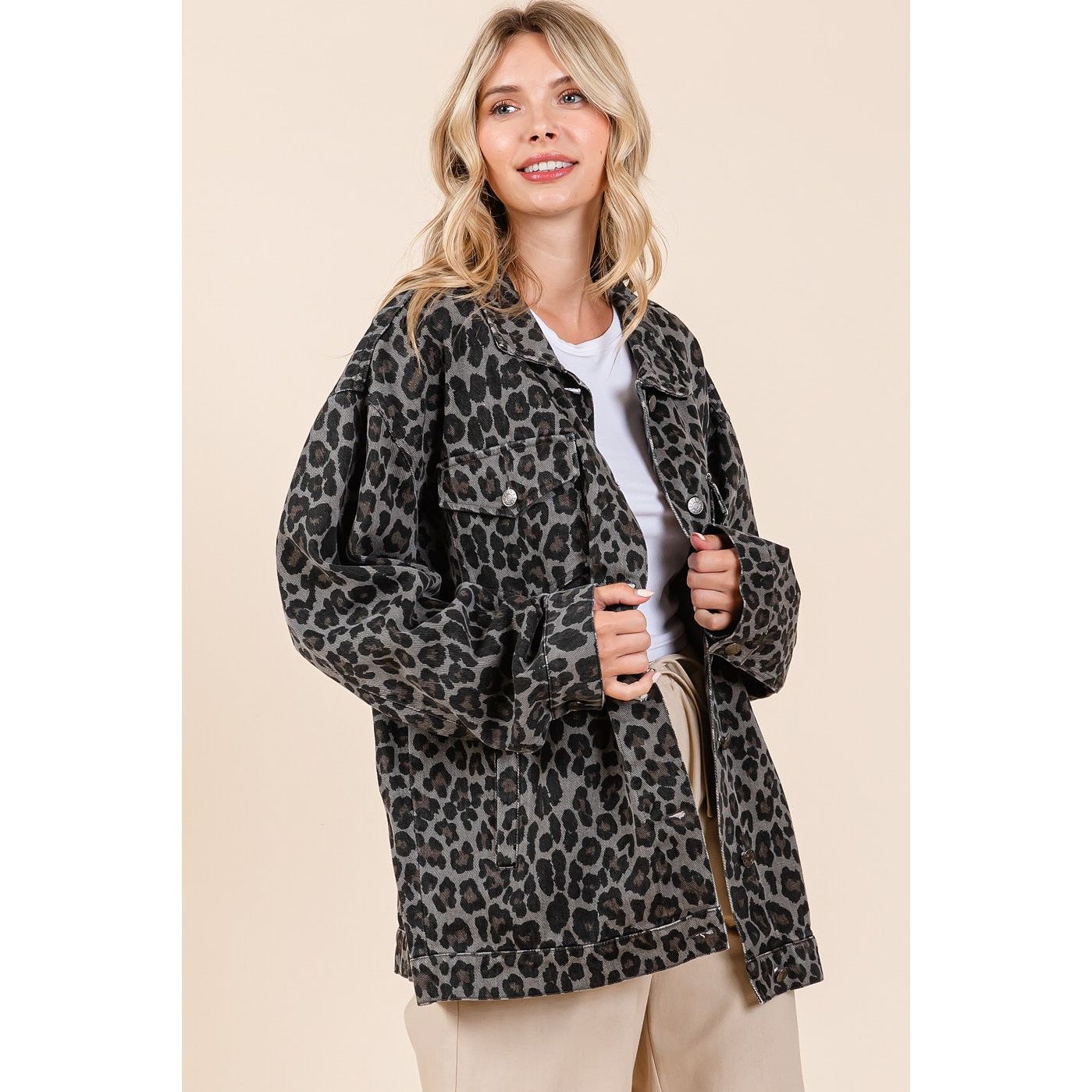 Mittoshop Leopard Button Up Denim Shacket with Breast Pockets