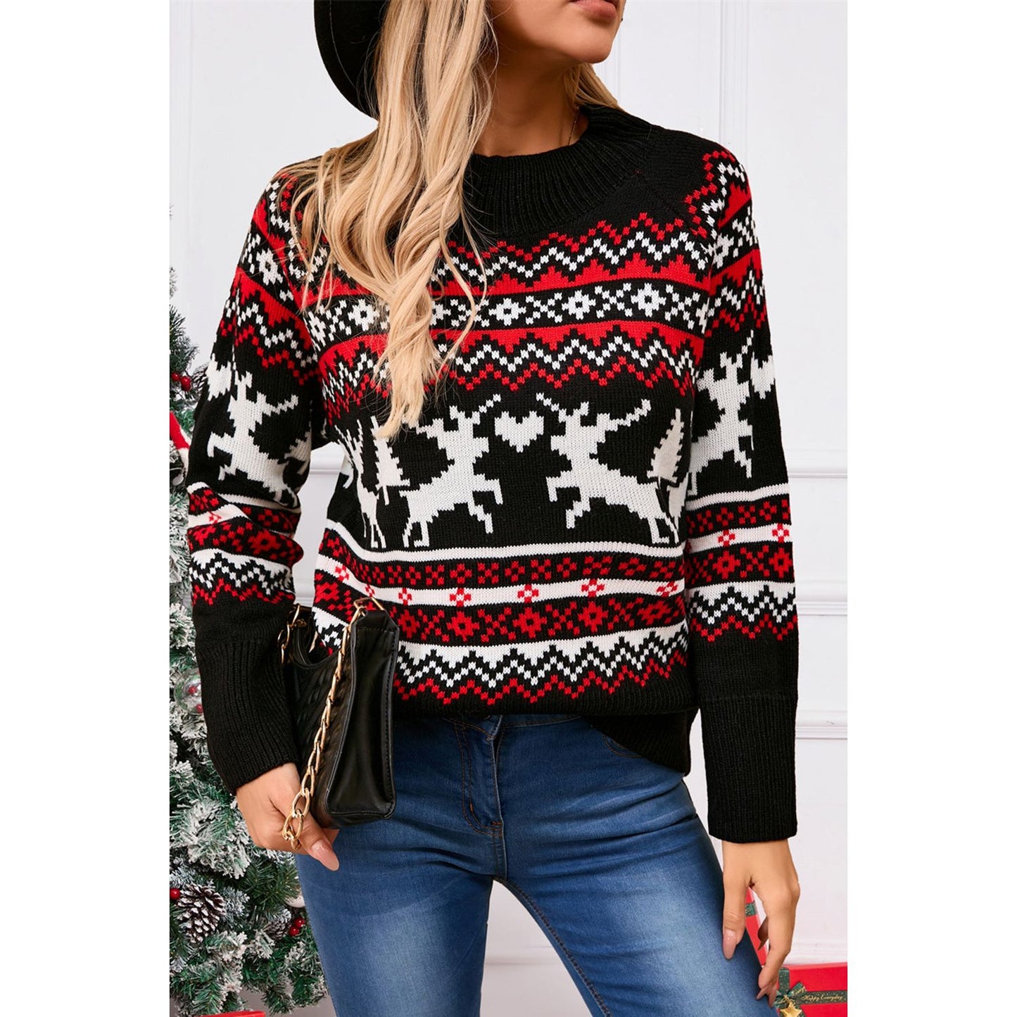 Angel Wings Reindeer Round Neck Long Sleeve Sweater