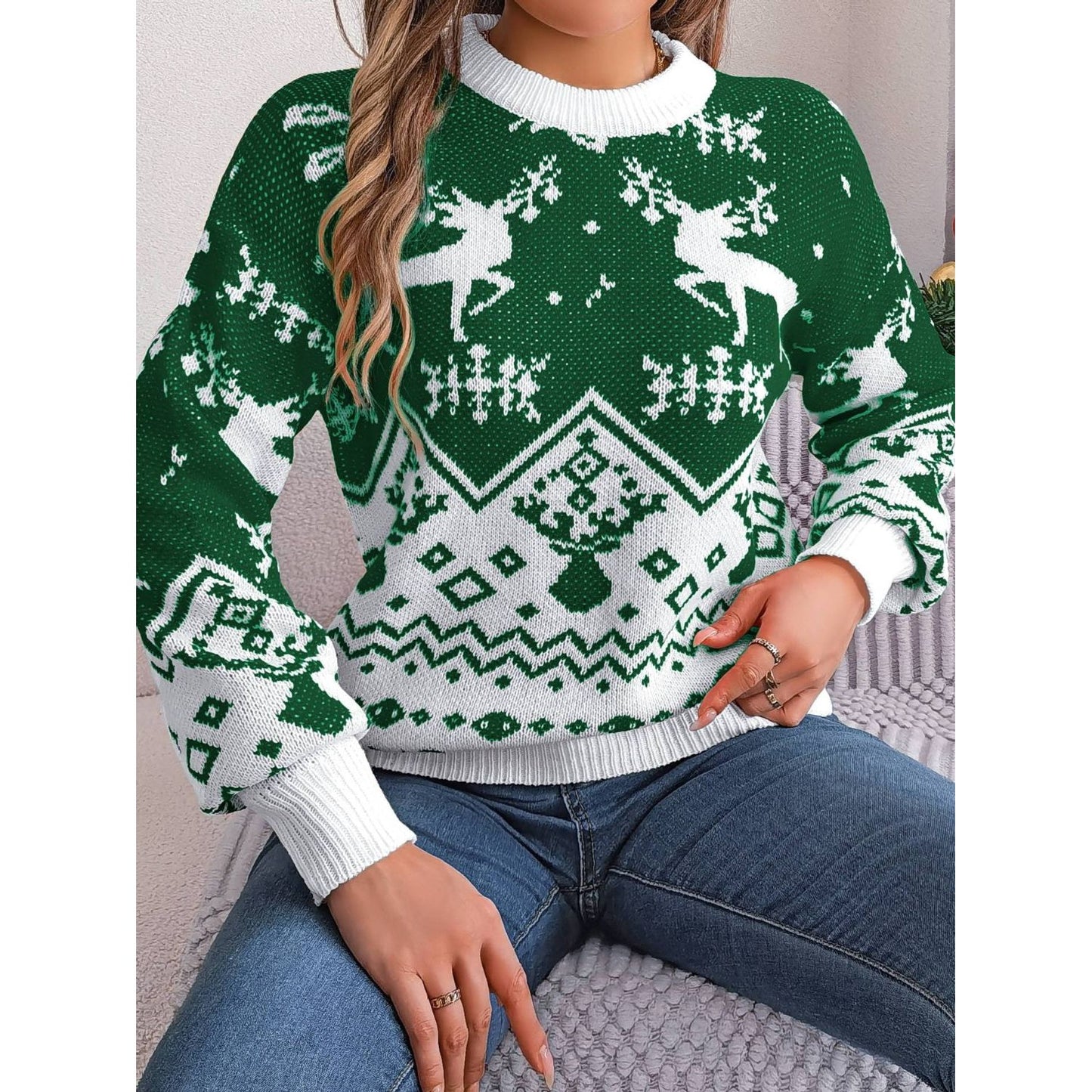 Christmas Element Round Neck Long Sleeve Sweater