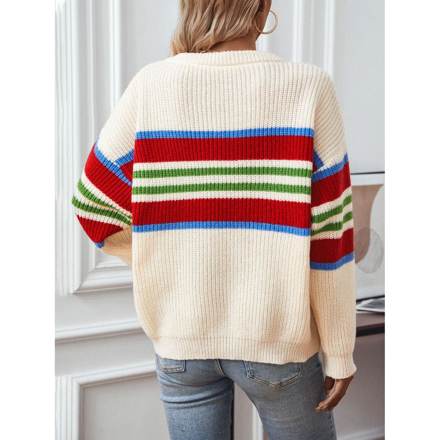 Contrast Stripes Round Neck Long Sleeve Sweater