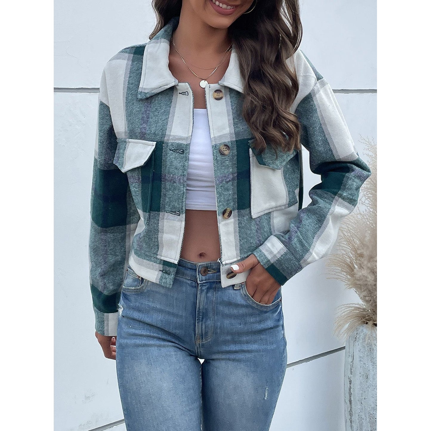 Perfee Plaid Button Up Drop Shoulder Cropped Jacket