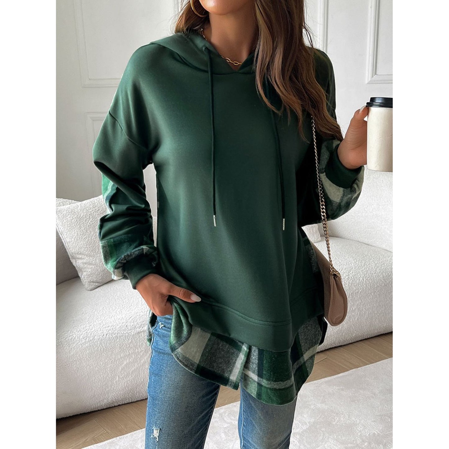 Devine Drawstring Plaid Long Sleeve Hoodie