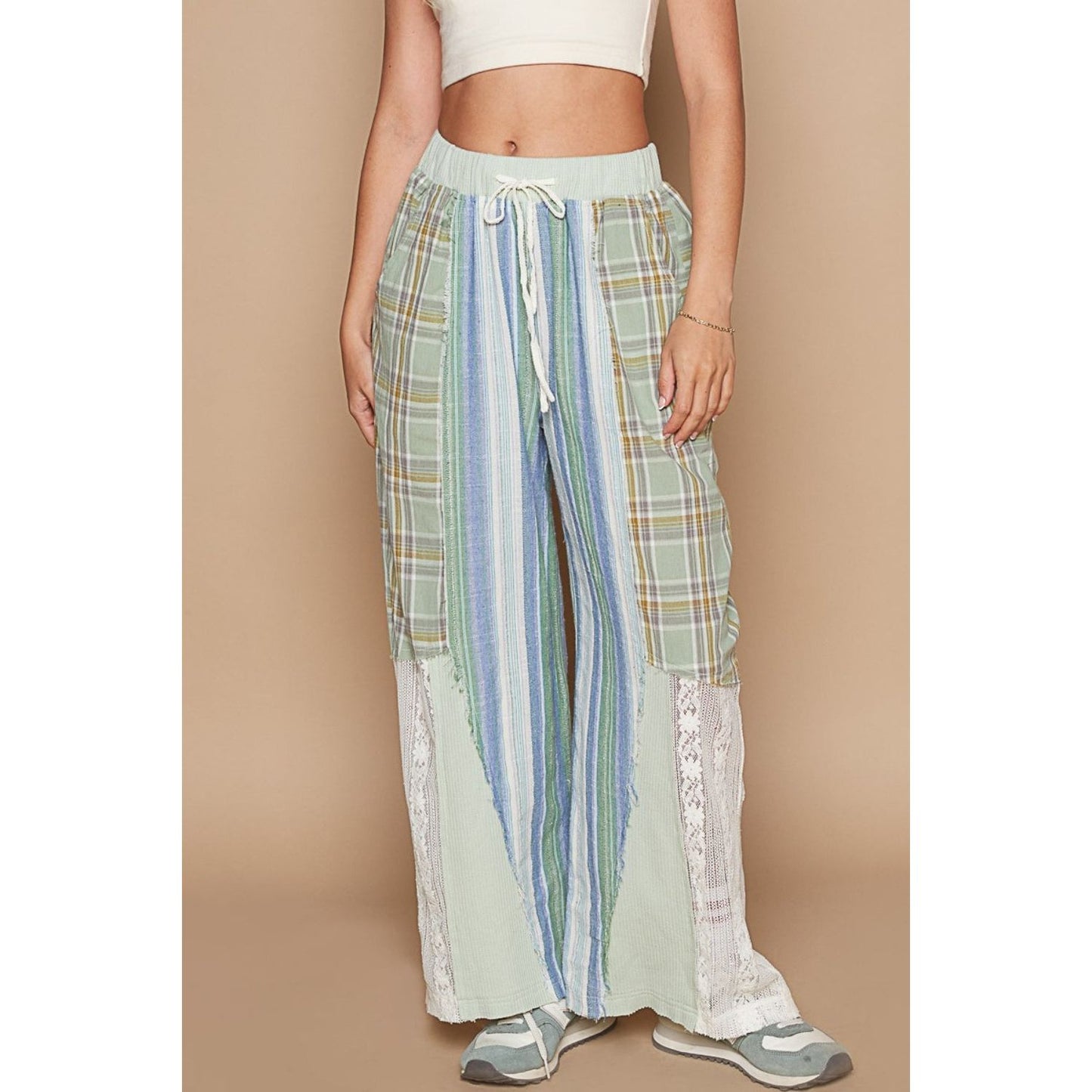 POL Drawstring Plaid Print Lace Straight Pants