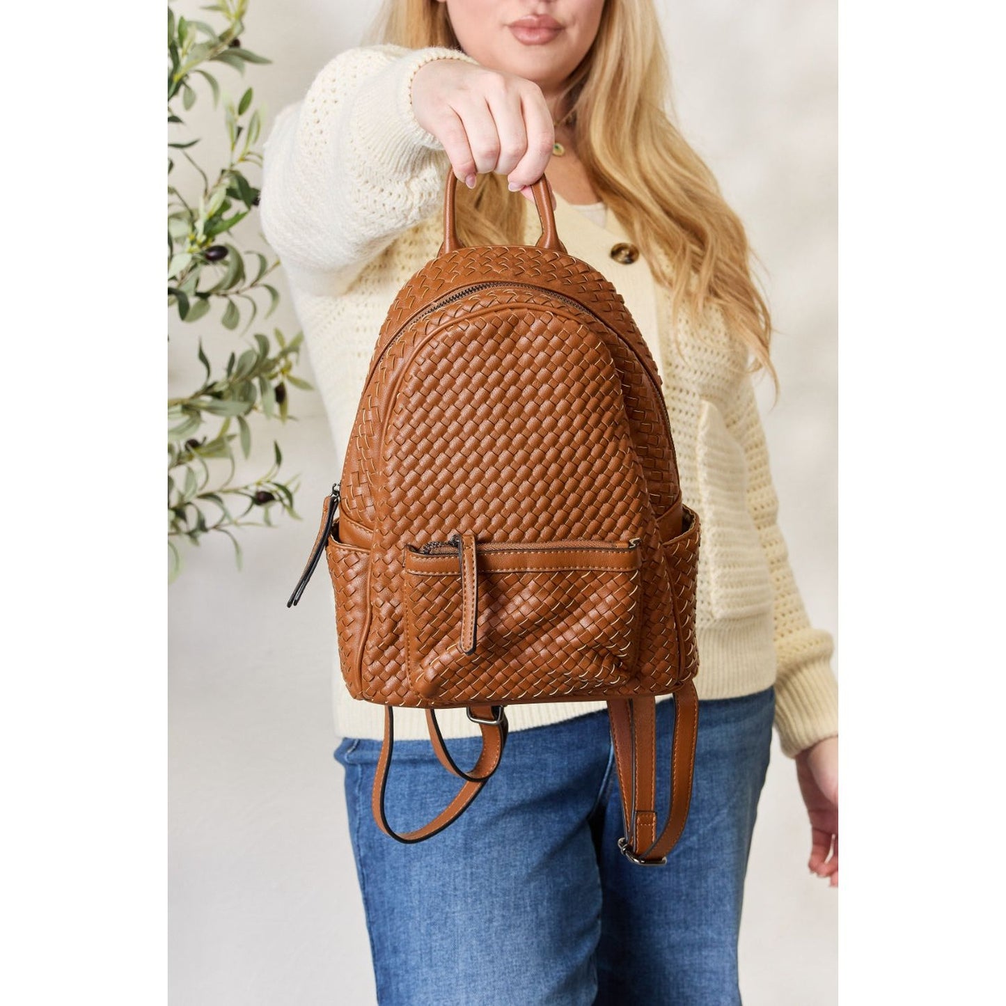 SHOMICO PU Leather Woven Backpack