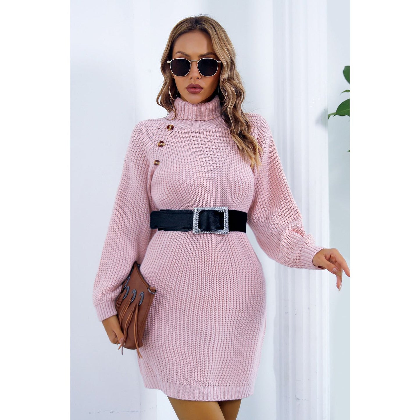 Buttoned Turtleneck Long Sleeve Sweater Dress