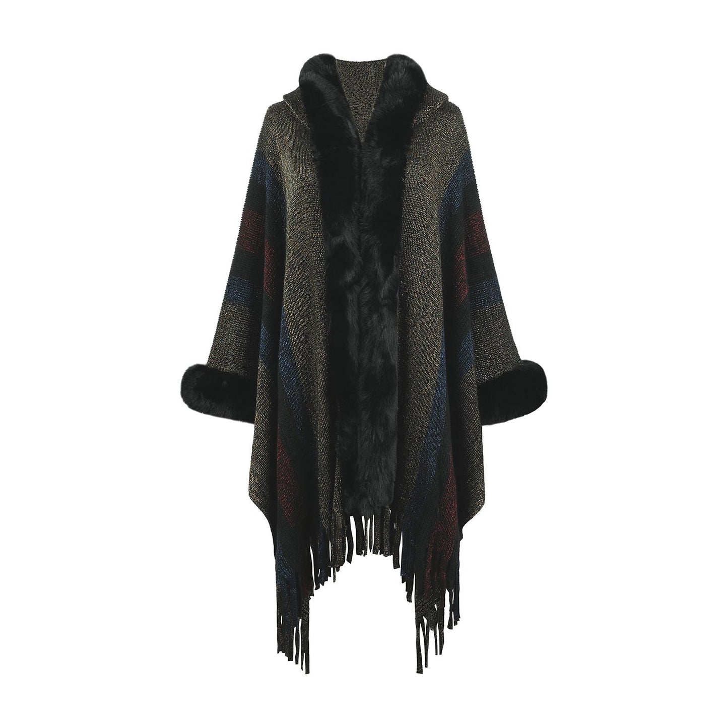 Color Block Fringe Detail Poncho