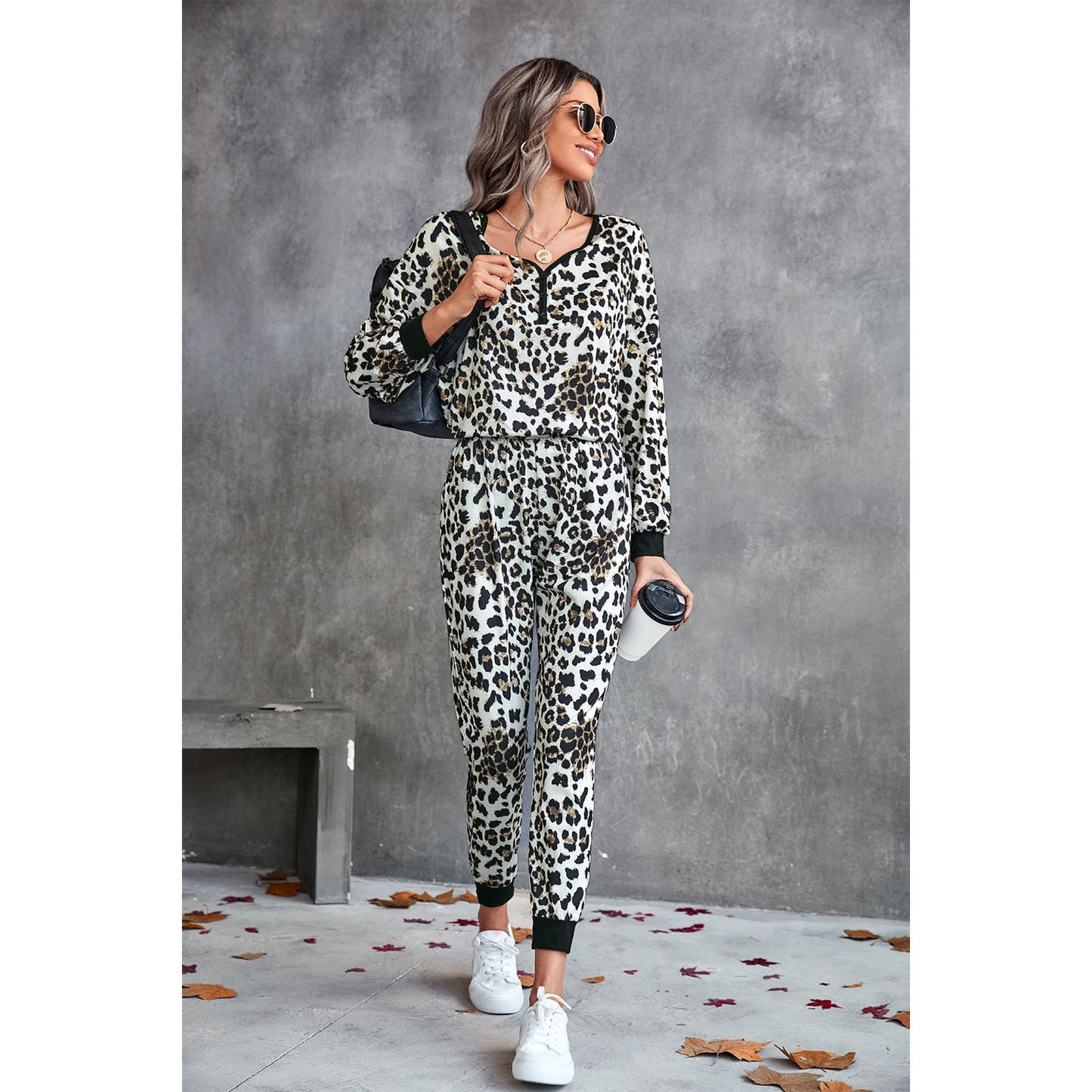 Leopard V-Neck Dropped Shoulder Loungewear Set