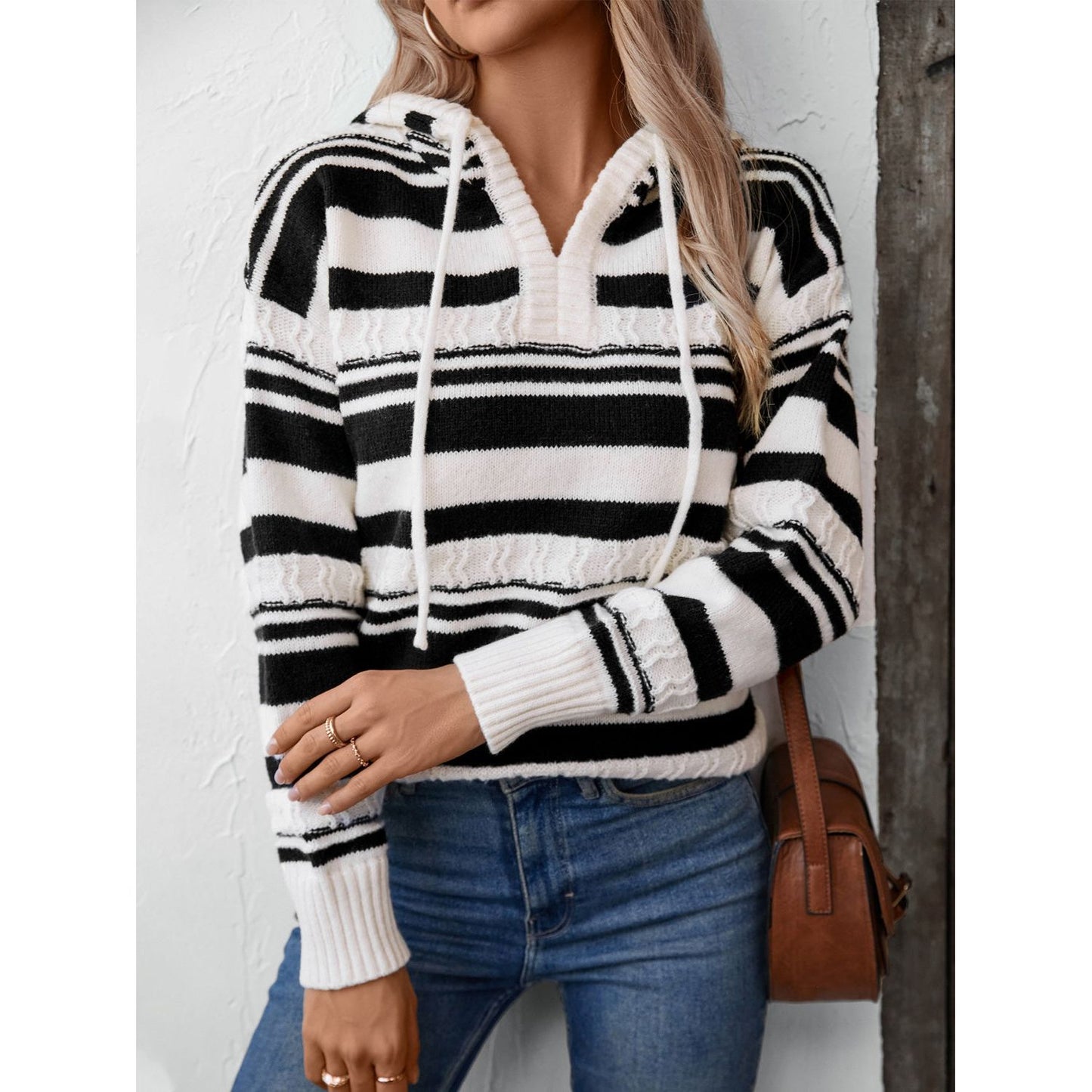 Drawstring Striped Long Sleeve Hooded Sweater