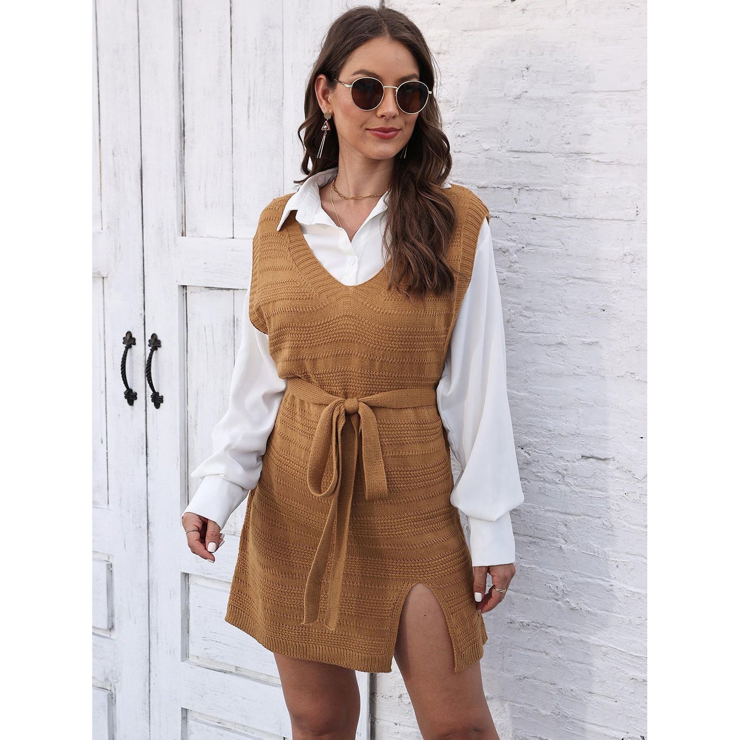 Tie Front V-Neck Sleeveless Slit Sweater Dress