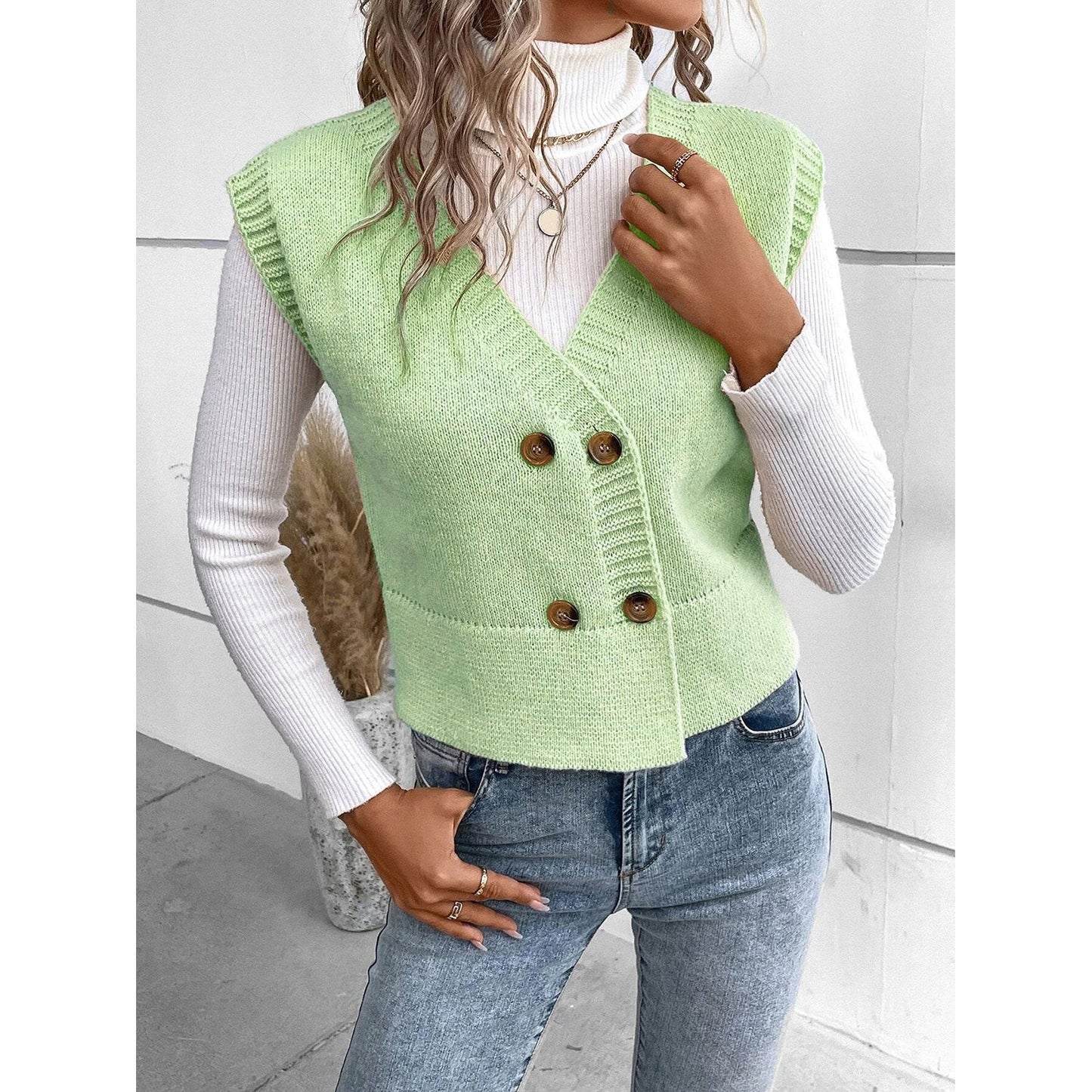 Full Size Button Up V-Neck Sweater Vest