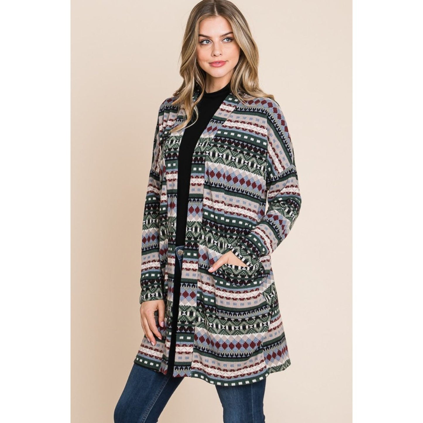 BOMBOM Geometric Open Front Long Sleeve Cardigan with Pockets