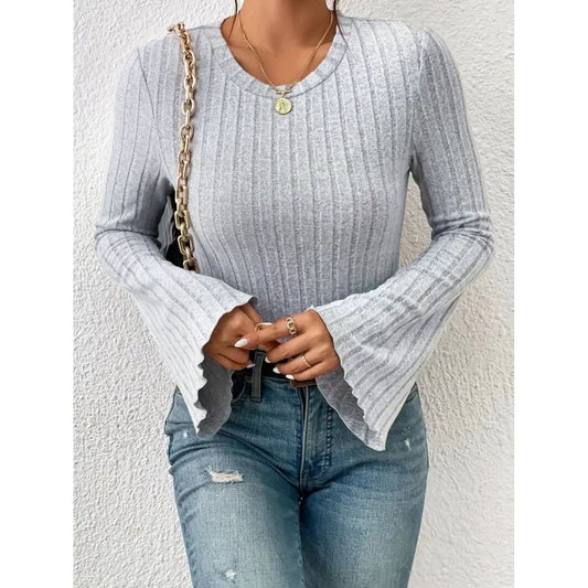 Ribbed Round Neck Flare Sleeve T-Shirt