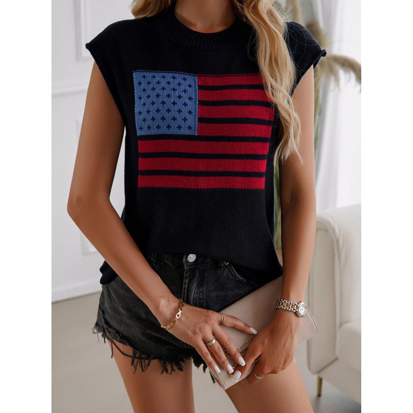 Devine US Flag Round Neck Sweater Vest