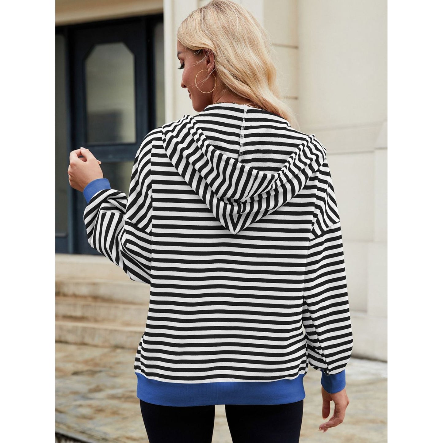 Drawstring Striped Zip Up Long Sleeve Hoodie