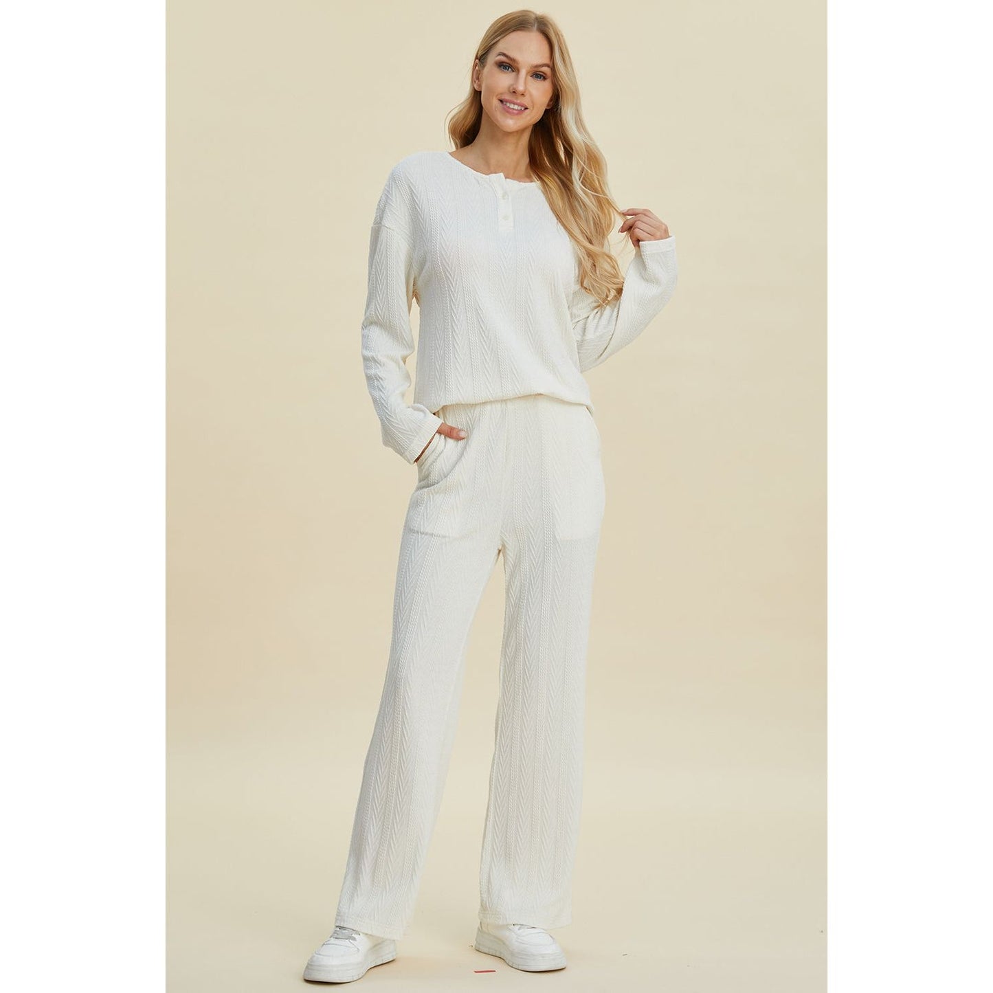 Double Take Full Size Cable-Knit Long Sleeve Top and Pants Set