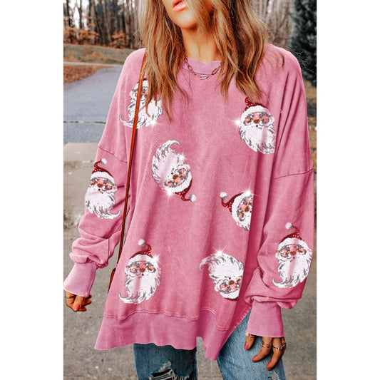 Sequin Santa Drop Shoulder Slit Sweatshirt