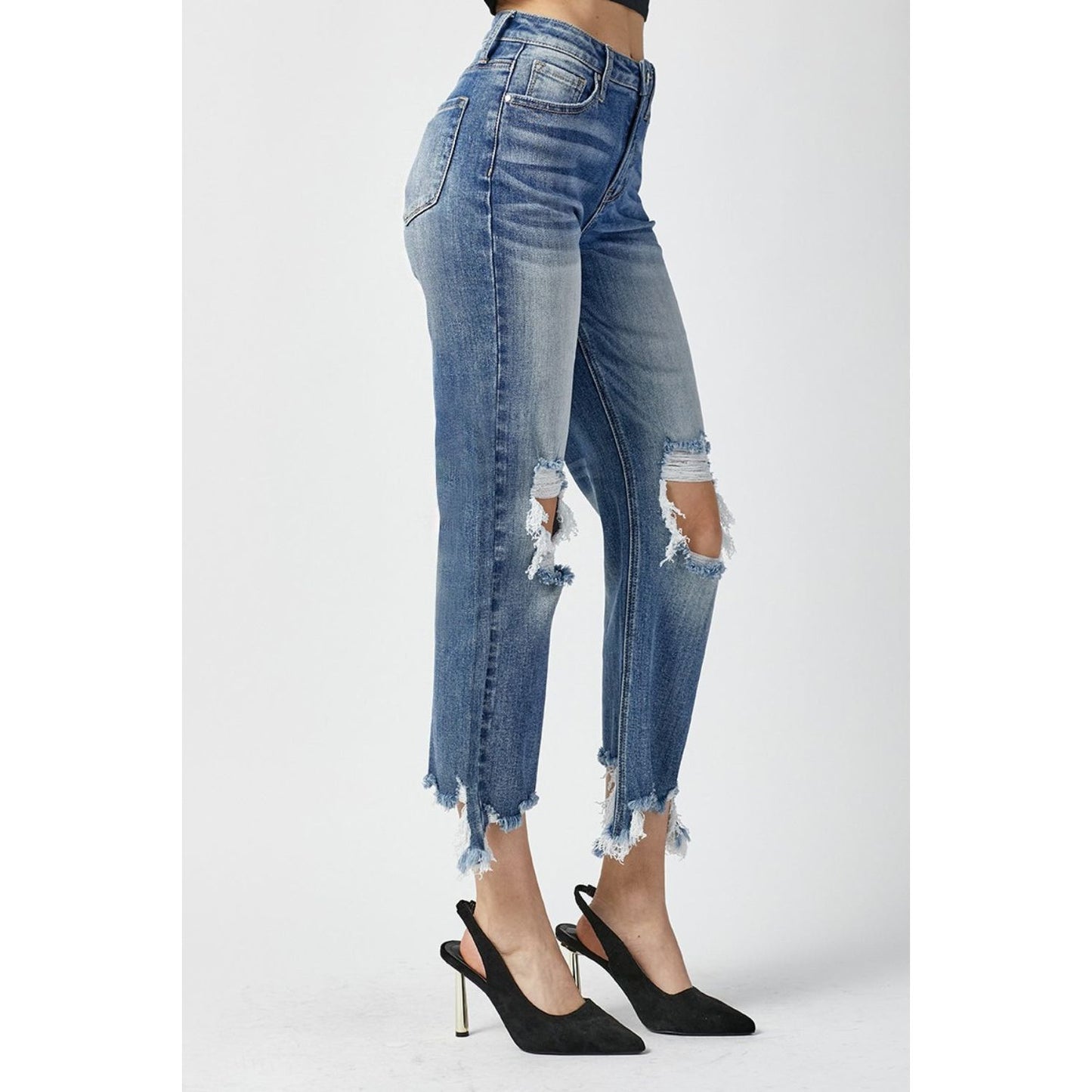 RISEN High Waist Distressed Frayed Hem Cropped Straight Jeans